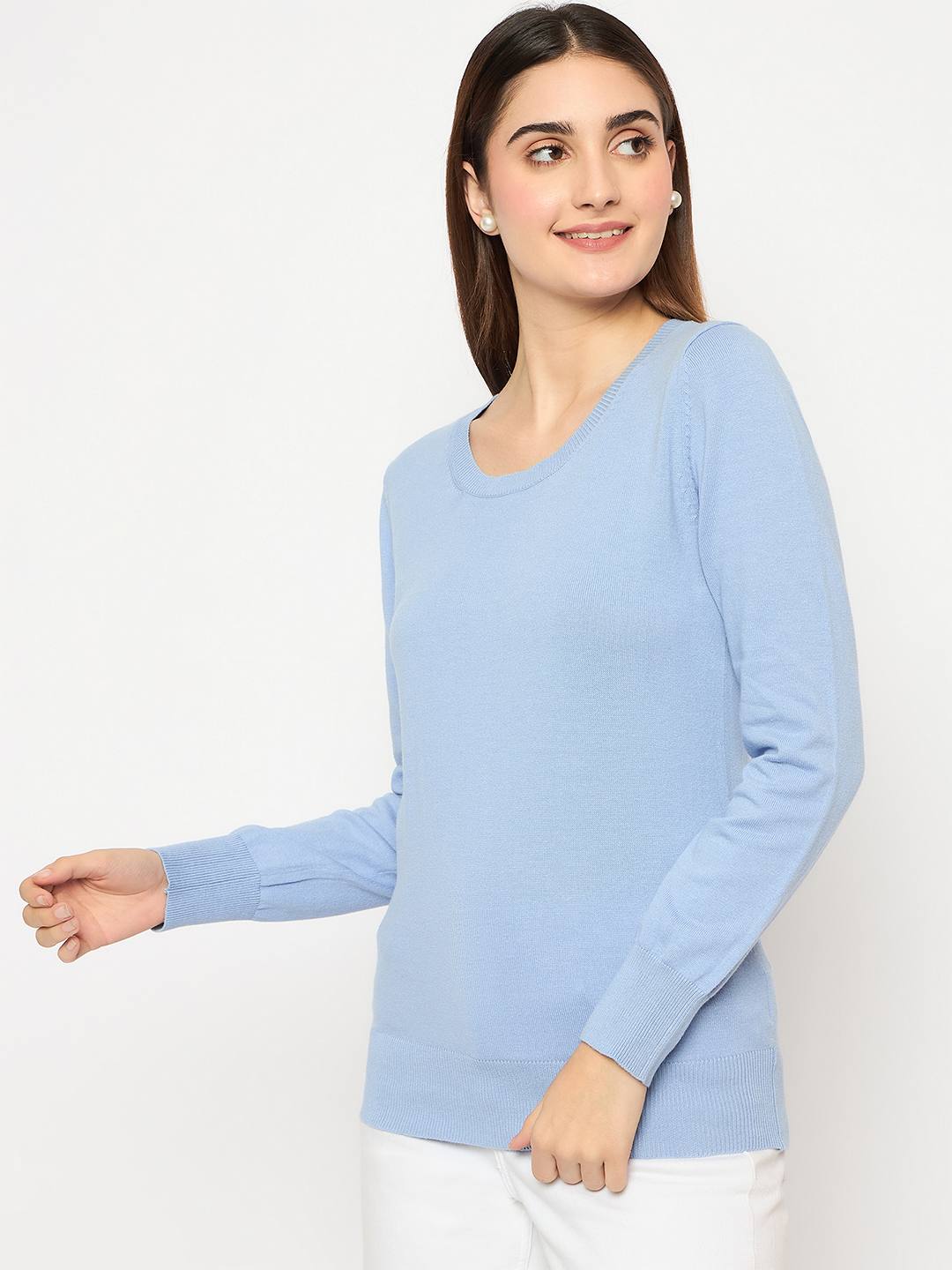 Madame Round Neck Ribbed Cuff Sky Blue Sweater - Image 5