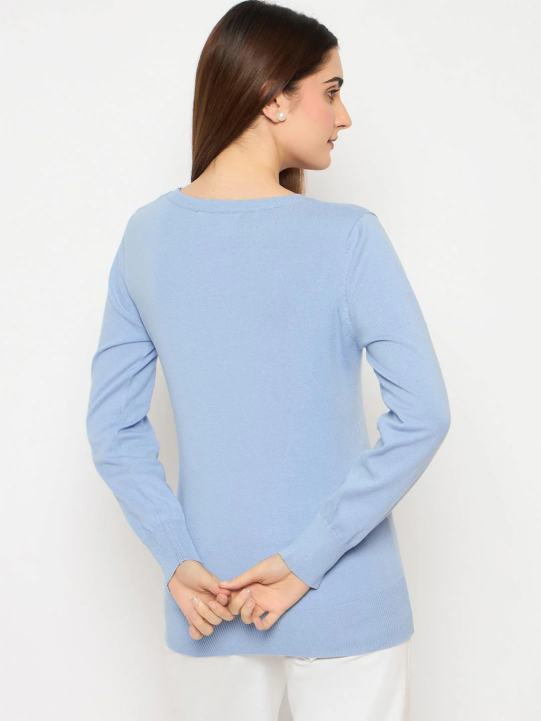 Madame Round Neck Ribbed Cuff Sky Blue Sweater - Image 6