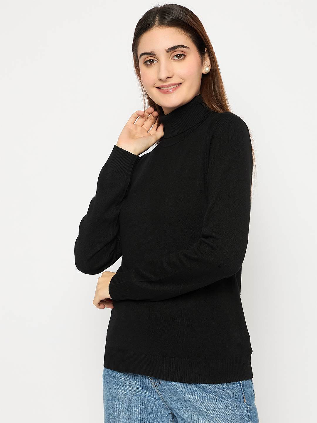 Madame Turtle Neck Ribbed Cuff Black Sweater - Image 4