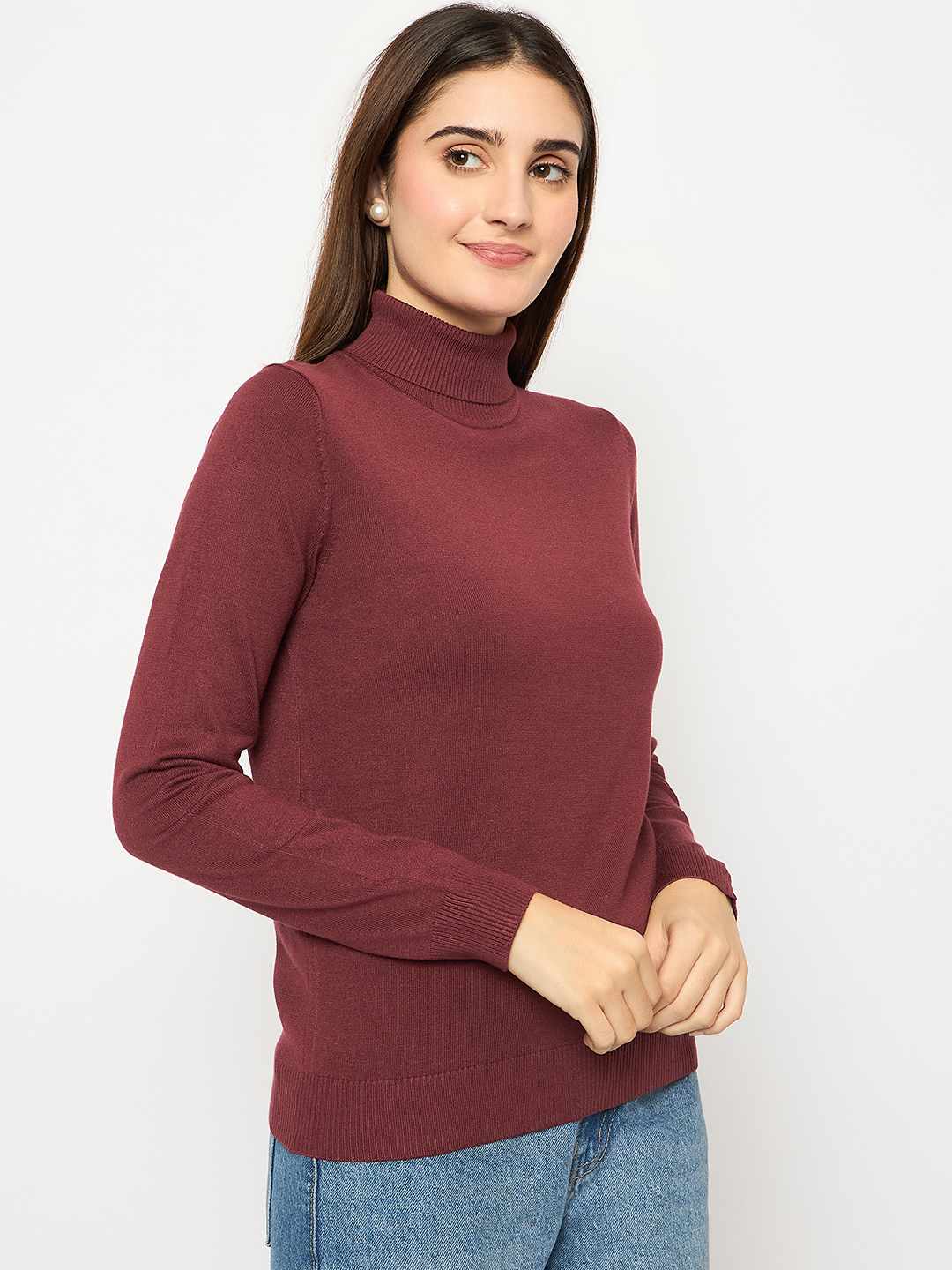 Madame Turtle Neck Ribbed Cuff Wine Red Sweater - Image 4