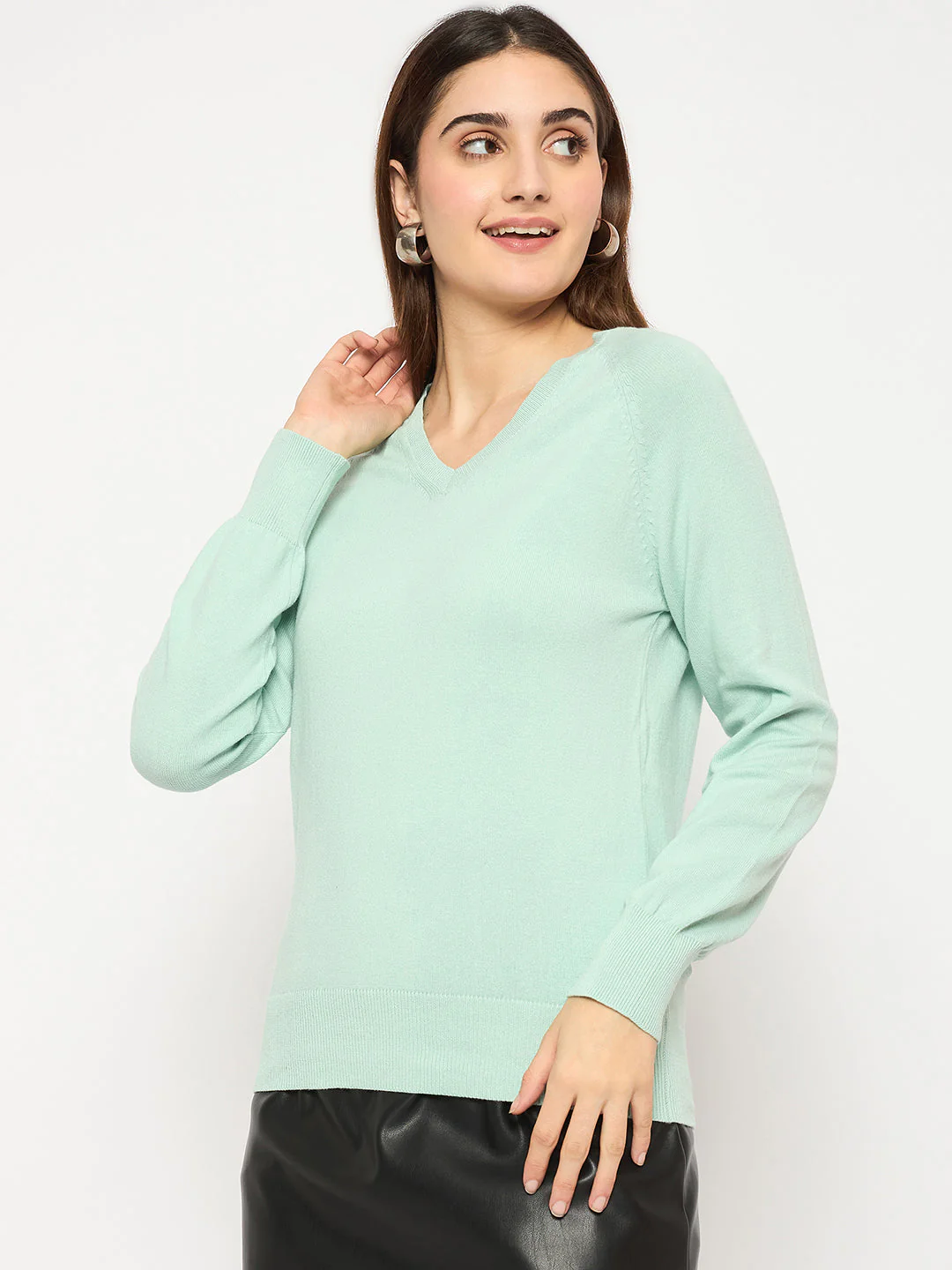 Madame V Neck Skinny Fit Mint Green Sweater - Image 5