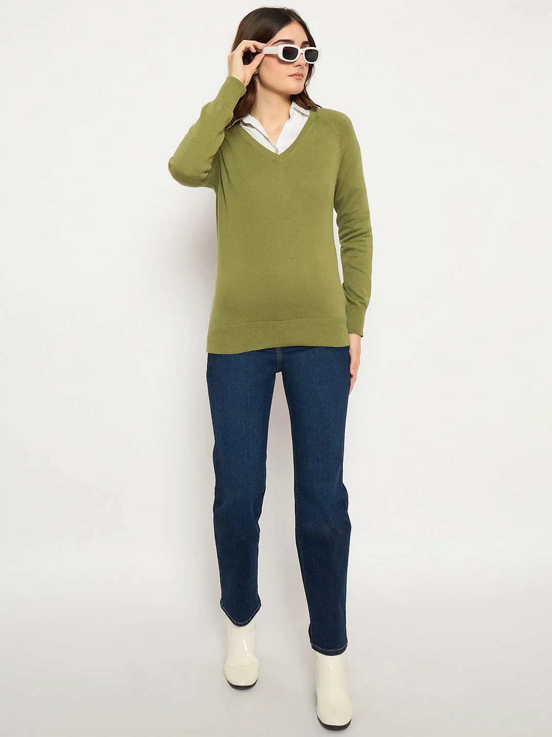 Madame V Neck Skinny Fit Olive Sweater - Image 2