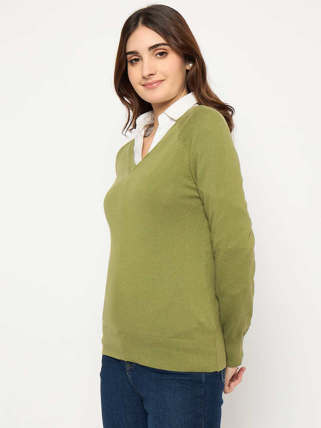 Madame V Neck Skinny Fit Olive Sweater - Image 5