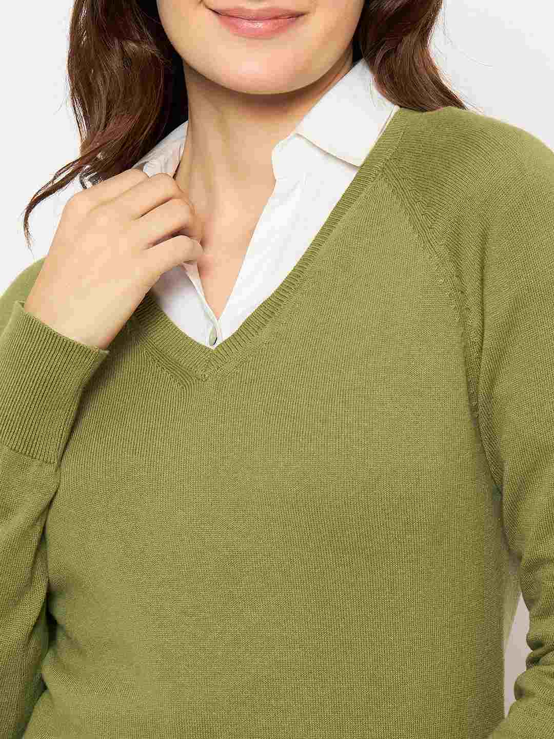 Madame V Neck Skinny Fit Olive Sweater - Image 7
