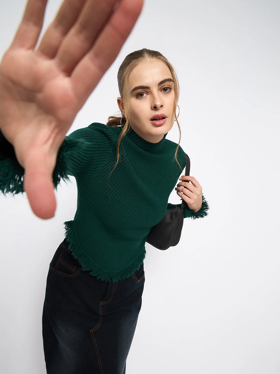 Madame Fringe Hem Mock Neck Green Sweater - Image 2