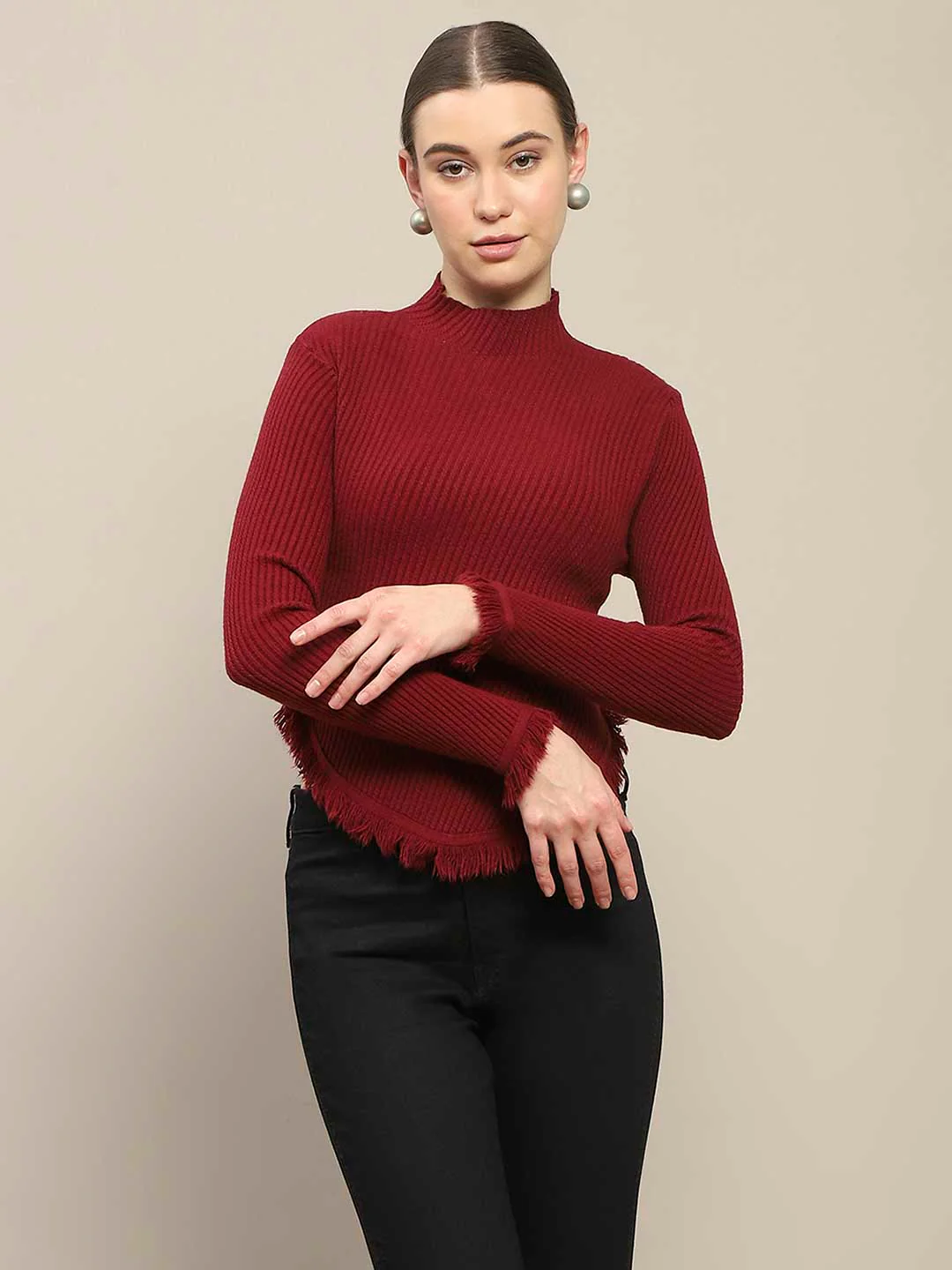 Madame Fur Cuffs and Hem Wine Red Sweater - Image 2