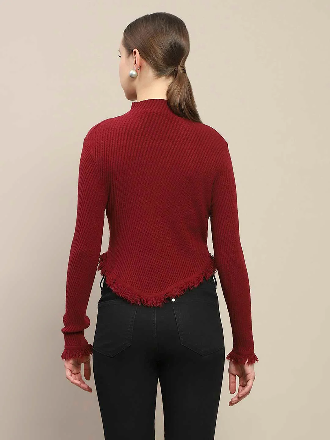 Madame Fur Cuffs and Hem Wine Red Sweater - Image 5