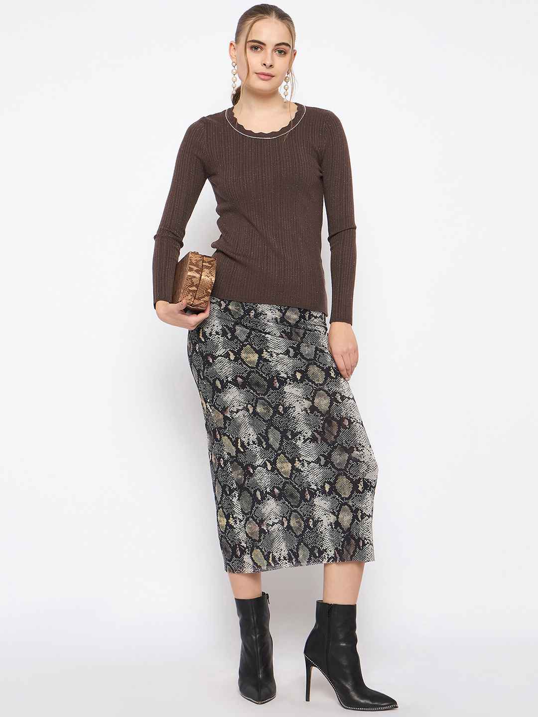 Madame Scalloped Neck Solid Brown Sweater - Image 2