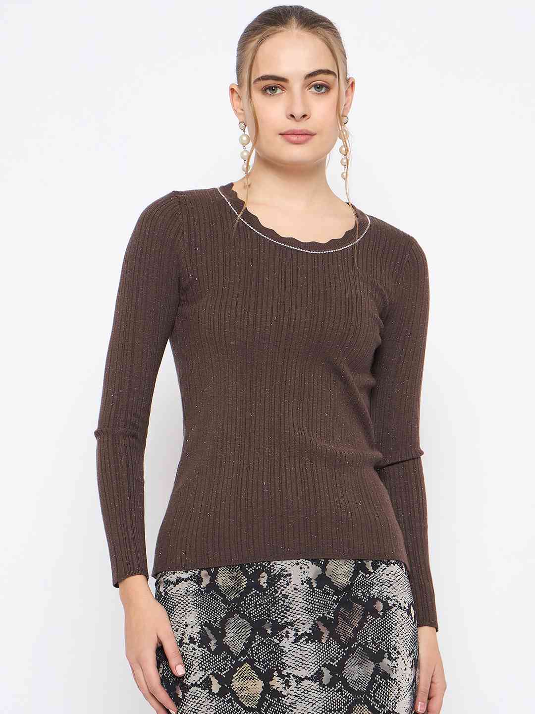 Madame Scalloped Neck Solid Brown Sweater - Image 3