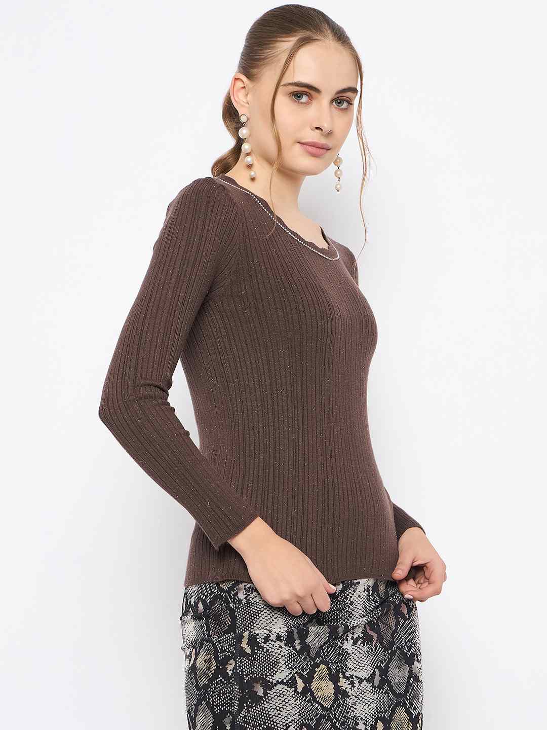 Madame Scalloped Neck Solid Brown Sweater - Image 4