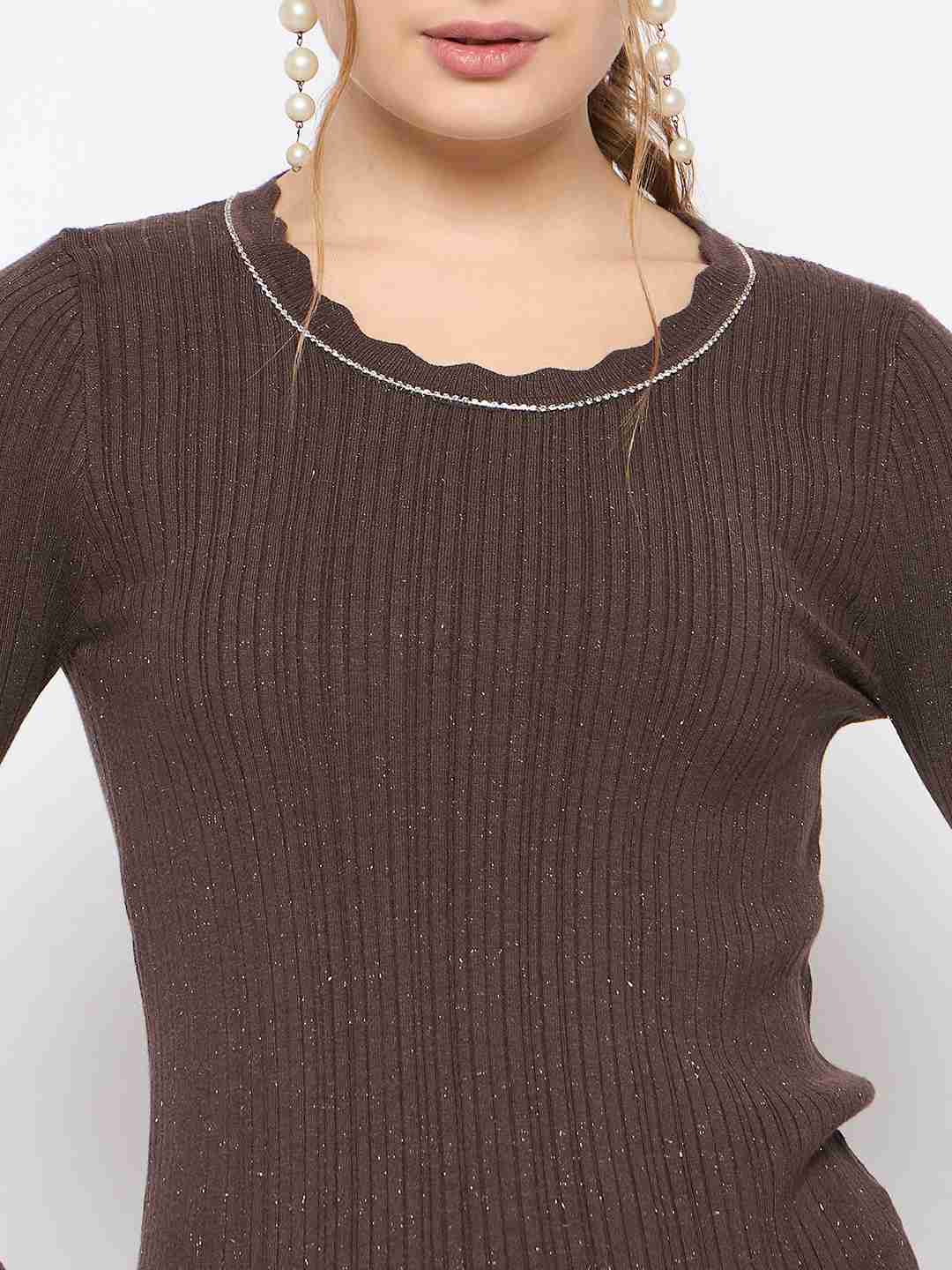 Madame Scalloped Neck Solid Brown Sweater - Image 7