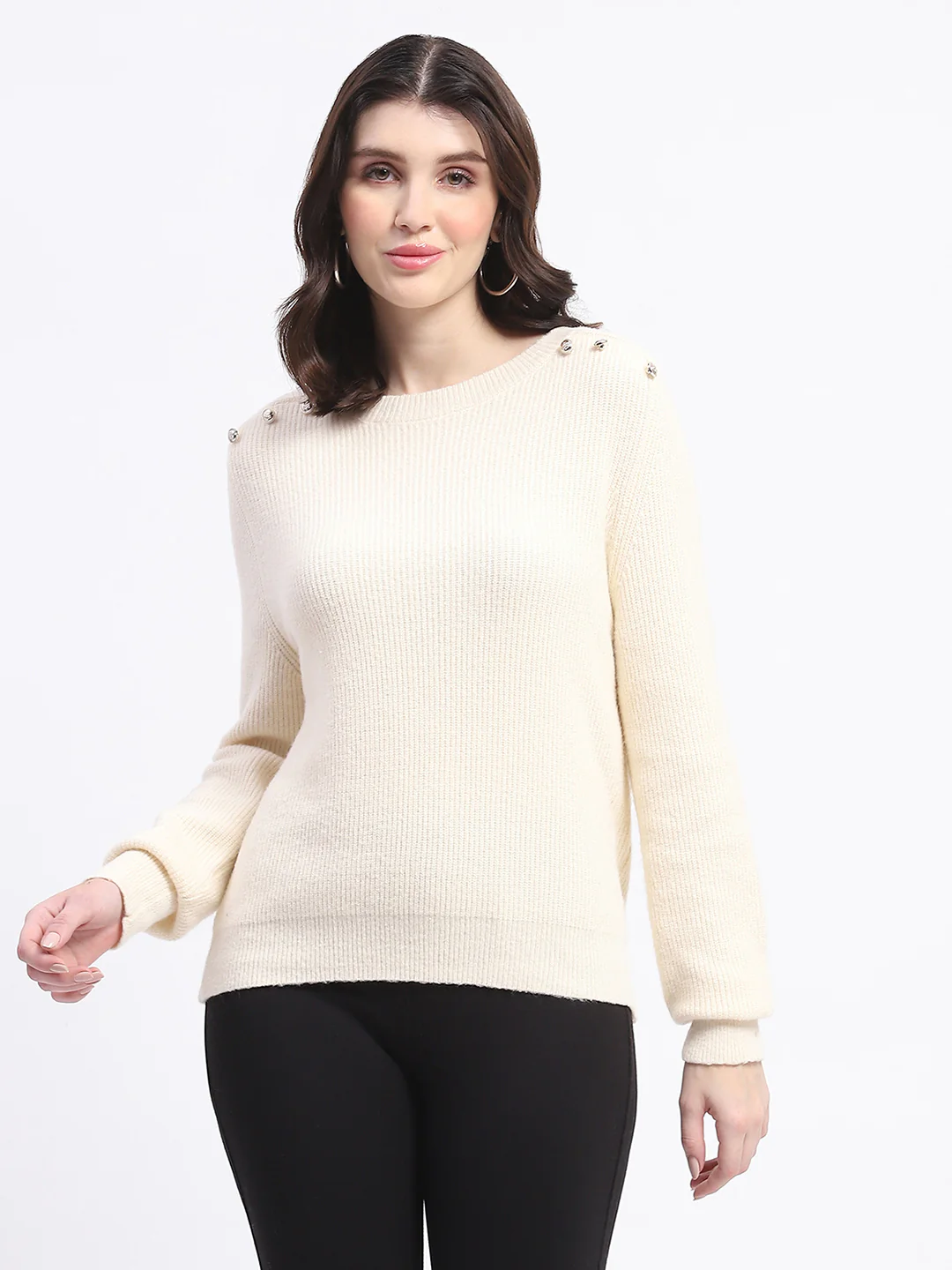 Madame Button Detailed Solid Beige Knitted Sweater - Image 2