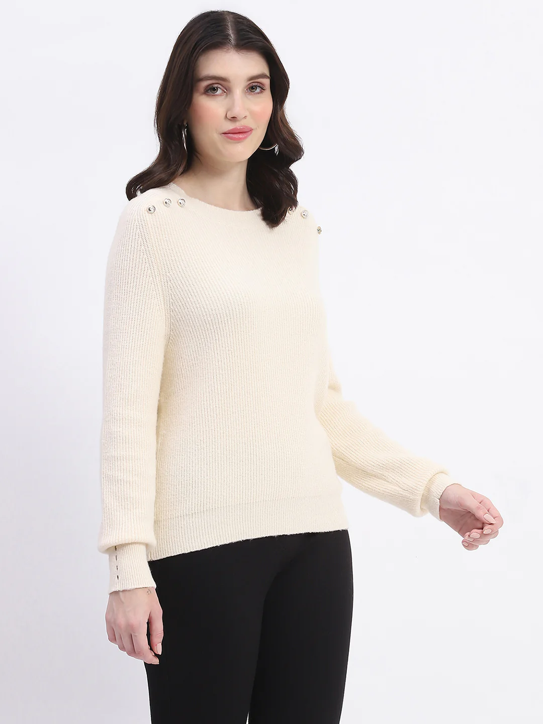 Madame Button Detailed Solid Beige Knitted Sweater - Image 3