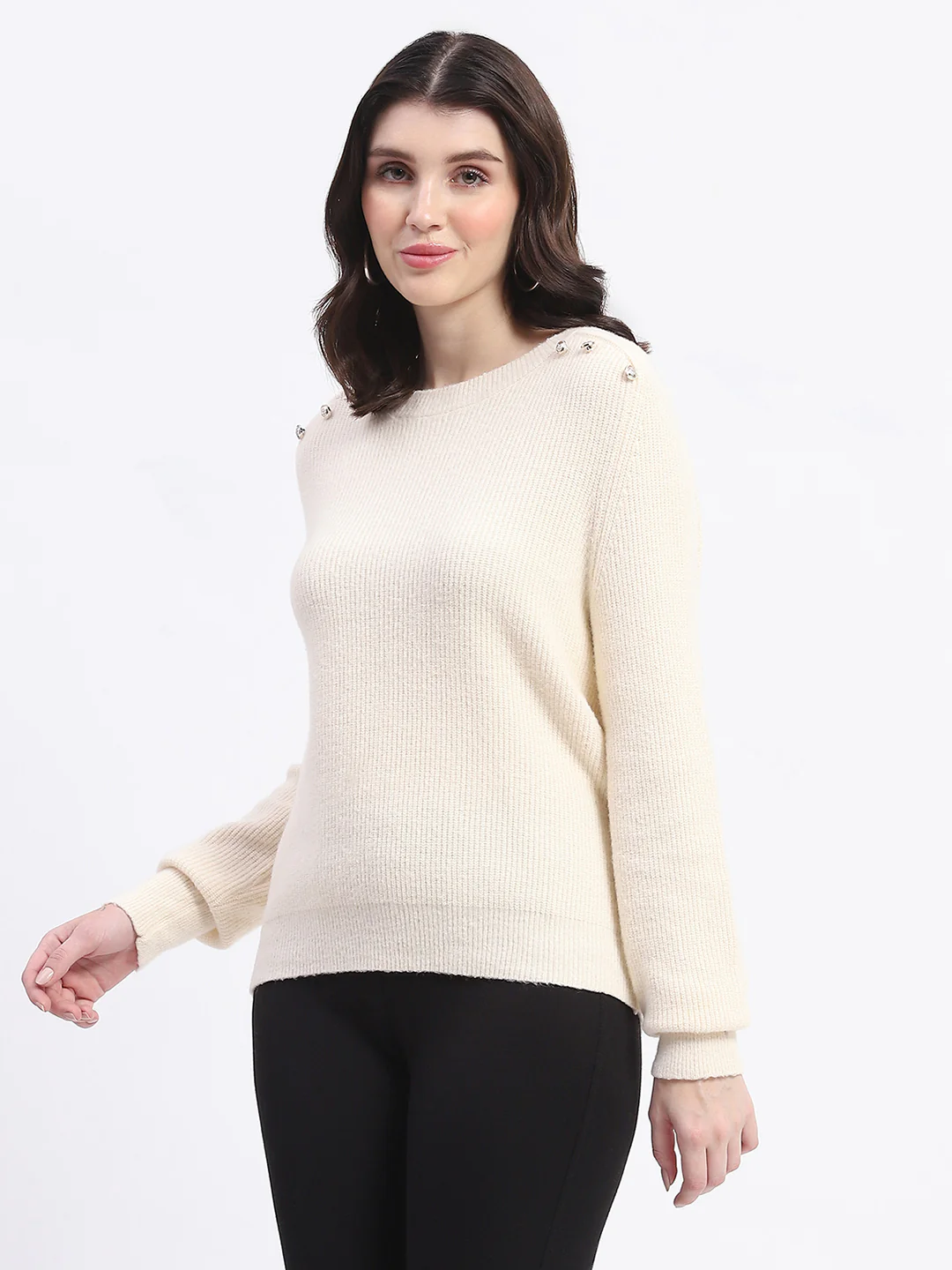 Madame Button Detailed Solid Beige Knitted Sweater - Image 4
