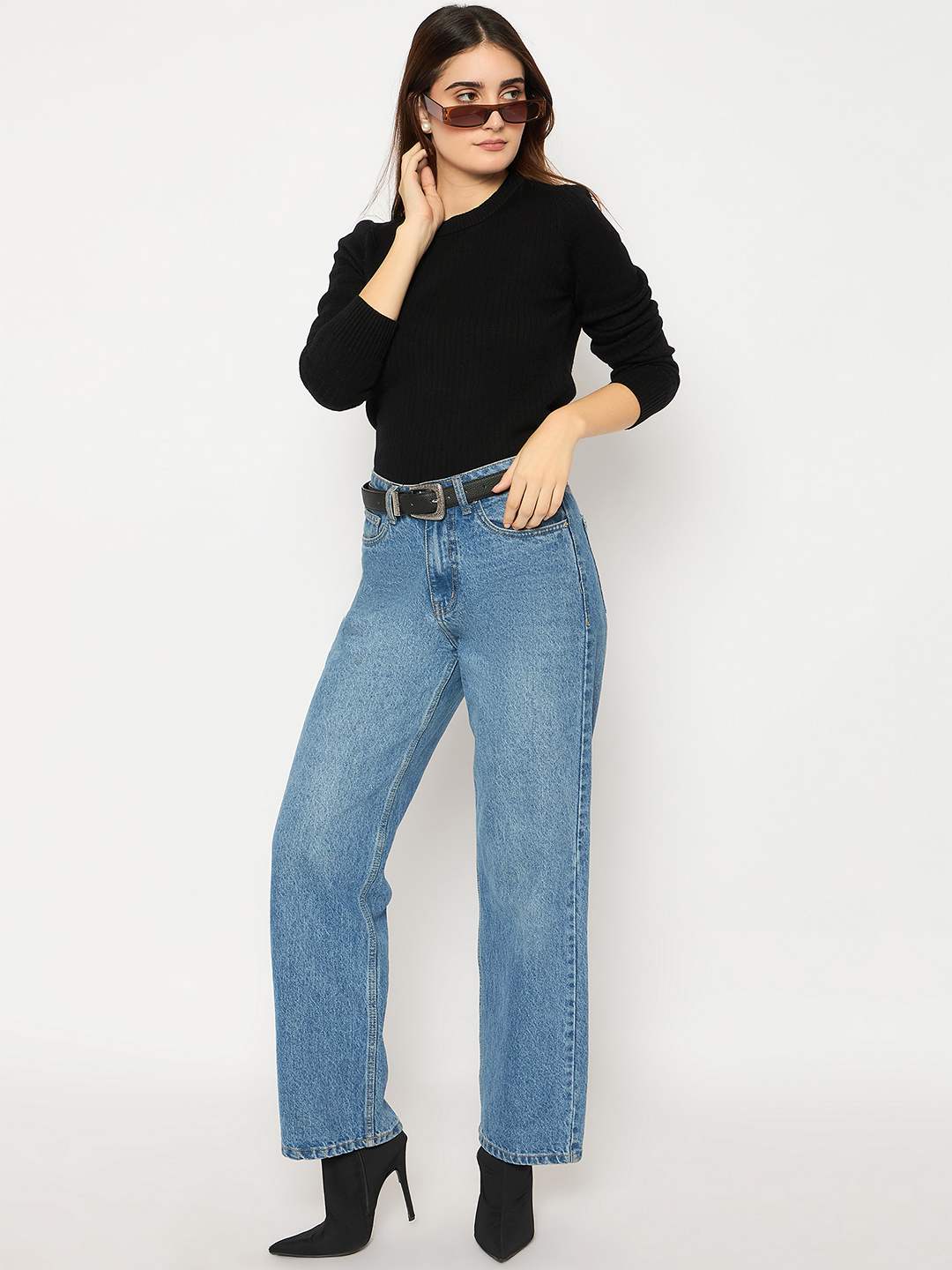 Madame Ribbed Cuffs Round Neck Black Sweater - Image 2