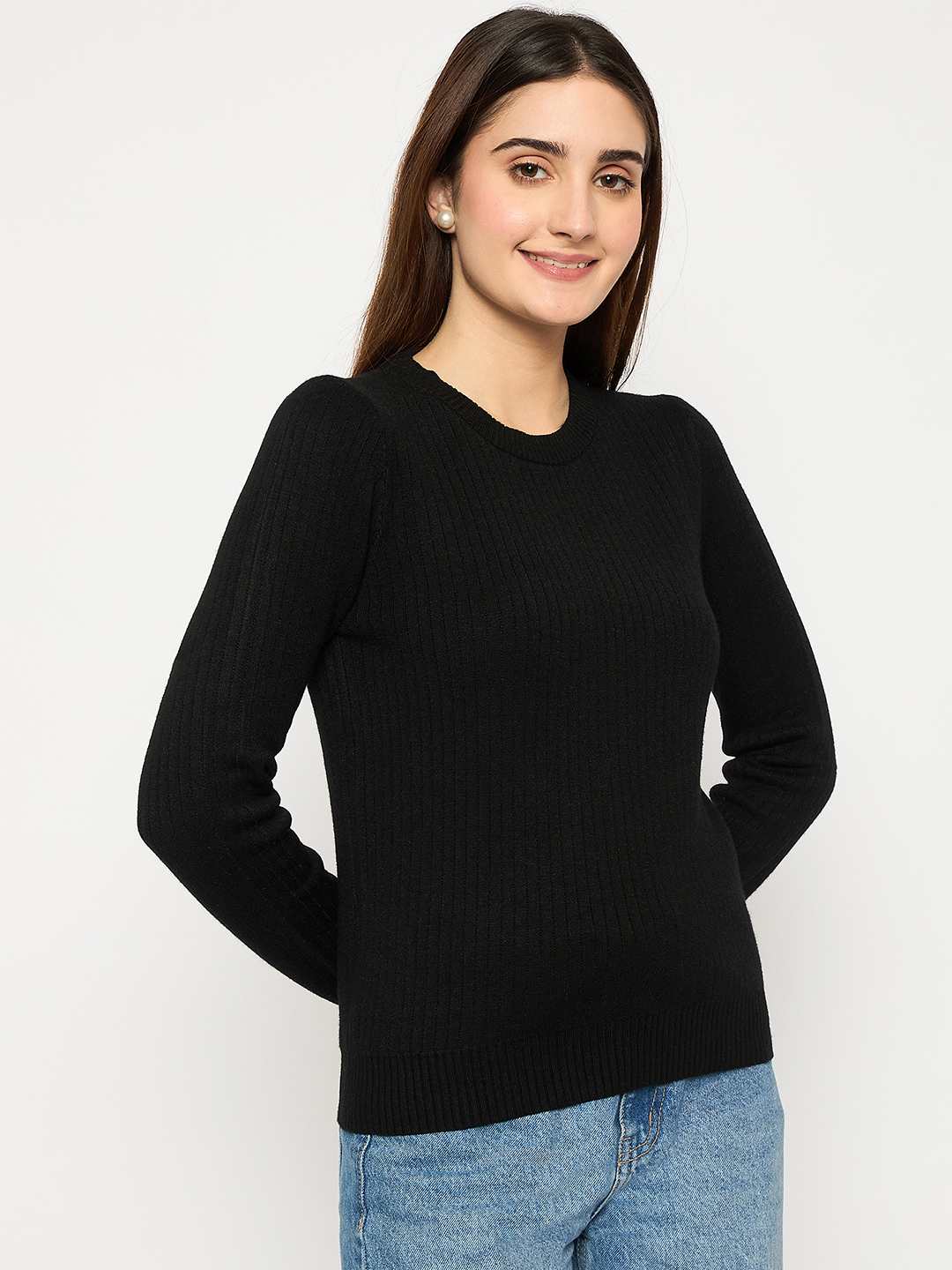 Madame Ribbed Cuffs Round Neck Black Sweater - Image 4