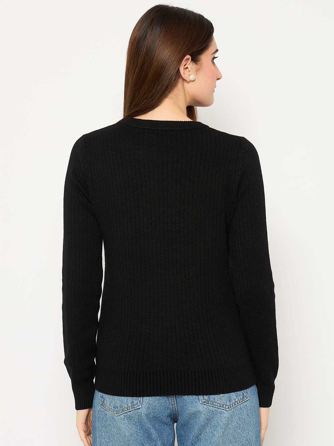 Madame Ribbed Cuffs Round Neck Black Sweater - Image 6
