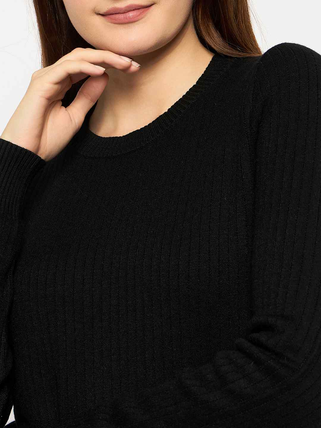 Madame Ribbed Cuffs Round Neck Black Sweater - Image 7