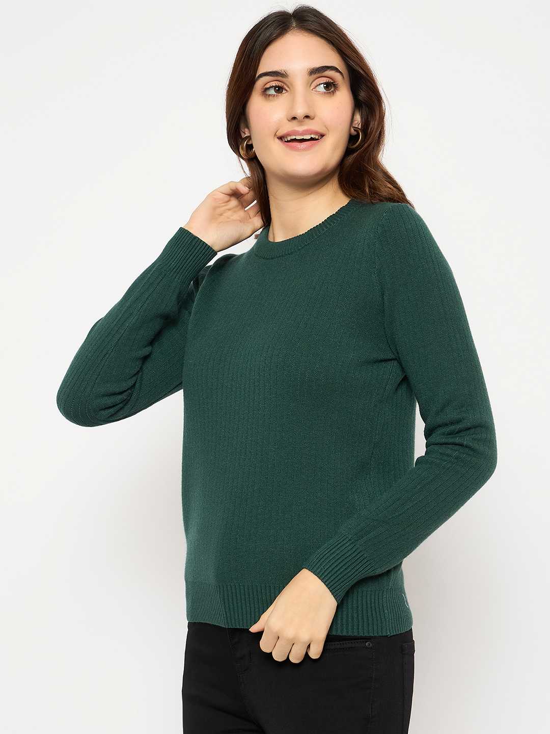Madame Ribbed Cuffs Round Neck Bottle Green Sweater - Image 5