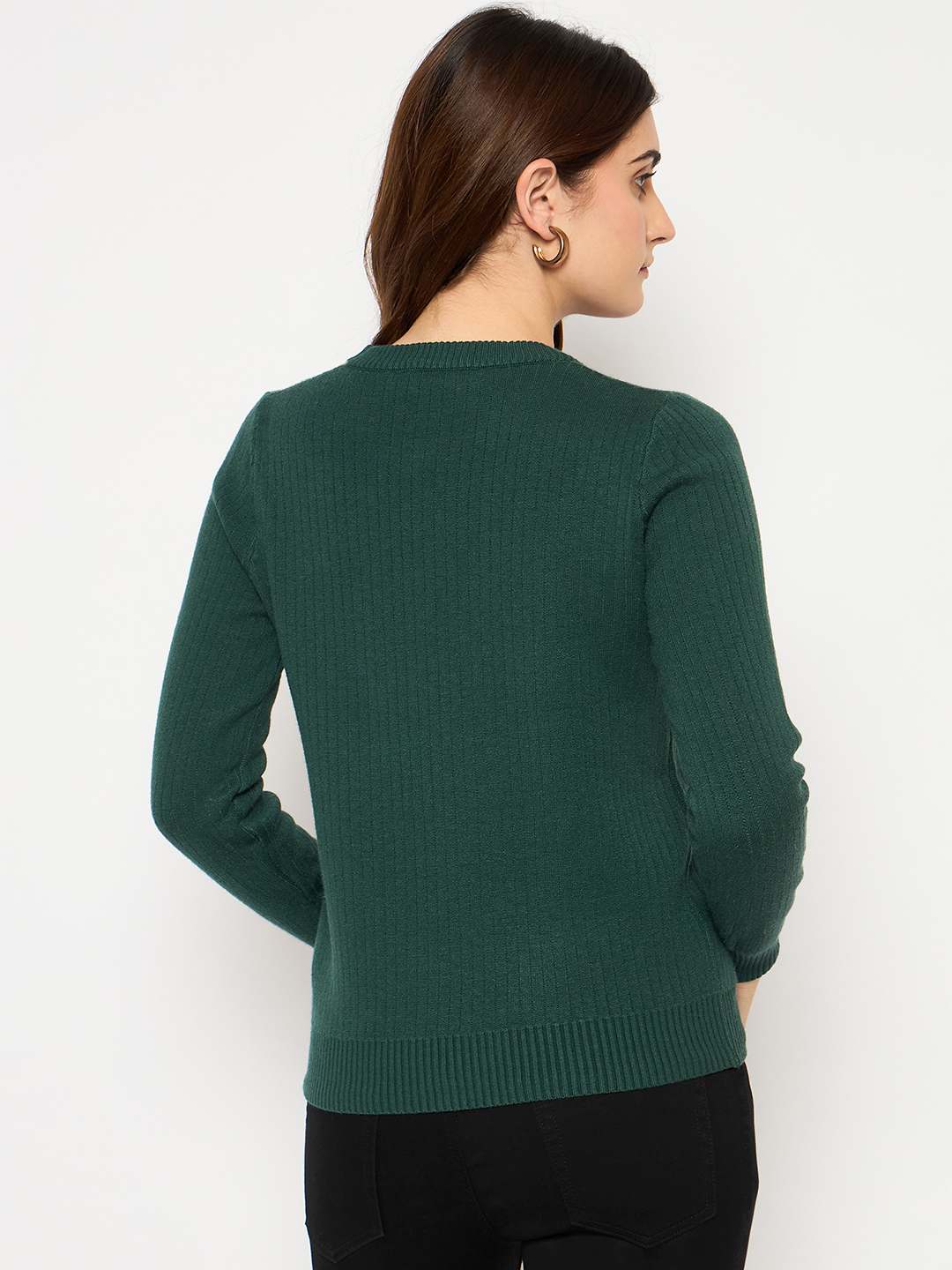 Madame Ribbed Cuffs Round Neck Bottle Green Sweater - Image 6