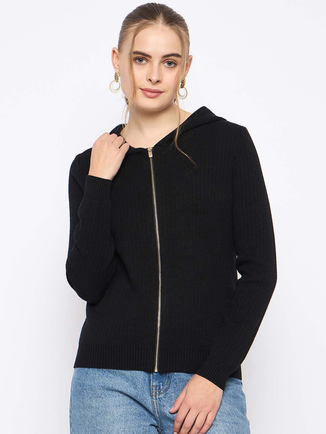 Madame Zip Solid Black Hooded Sweater - Image 3