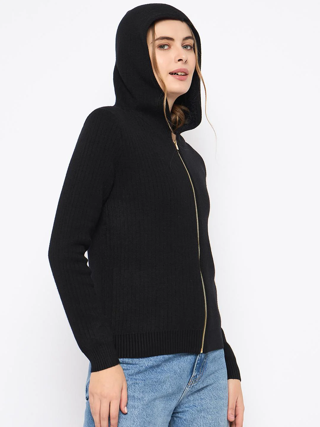 Madame Zip Solid Black Hooded Sweater - Image 4