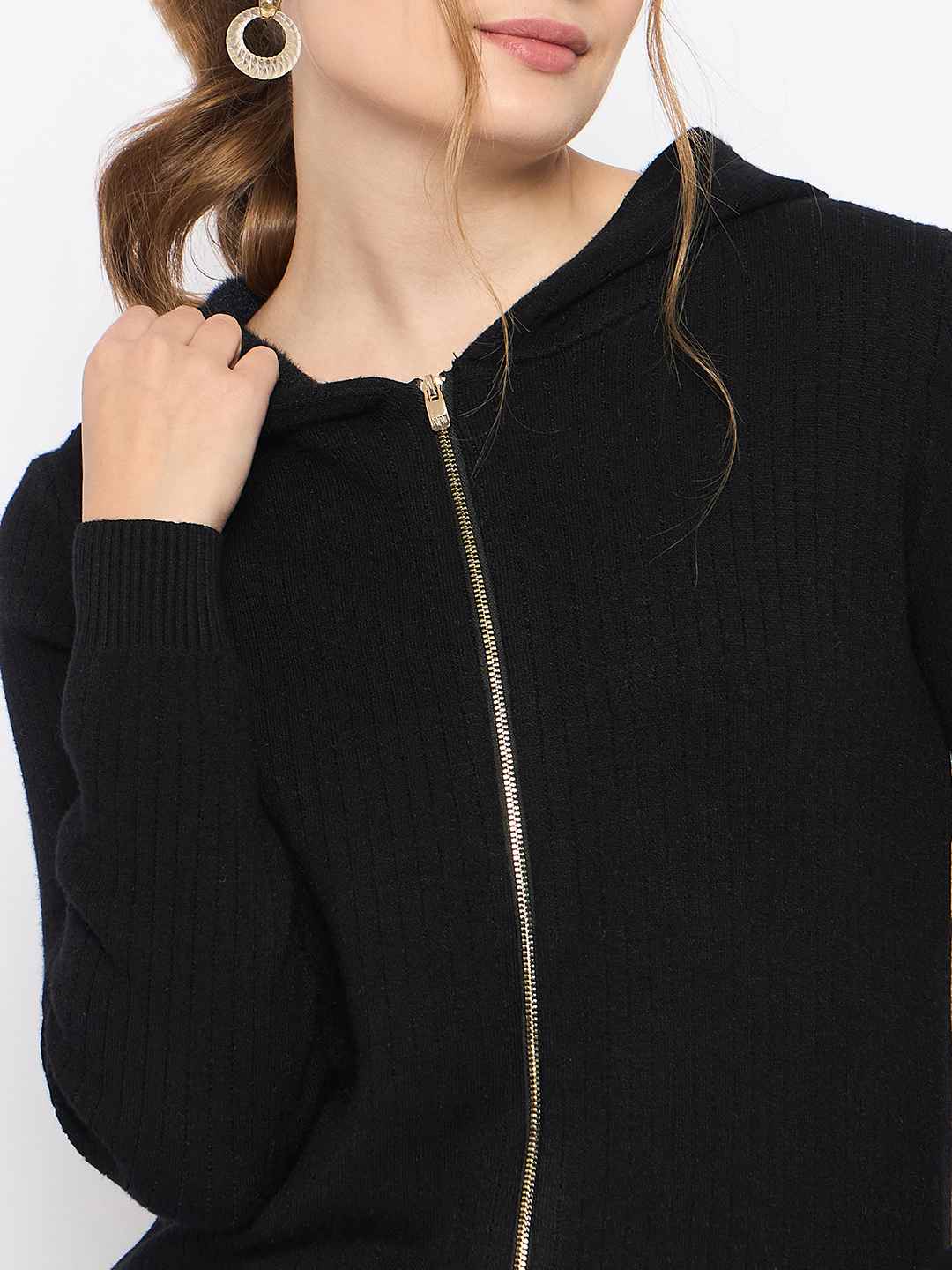 Madame Zip Solid Black Hooded Sweater - Image 7