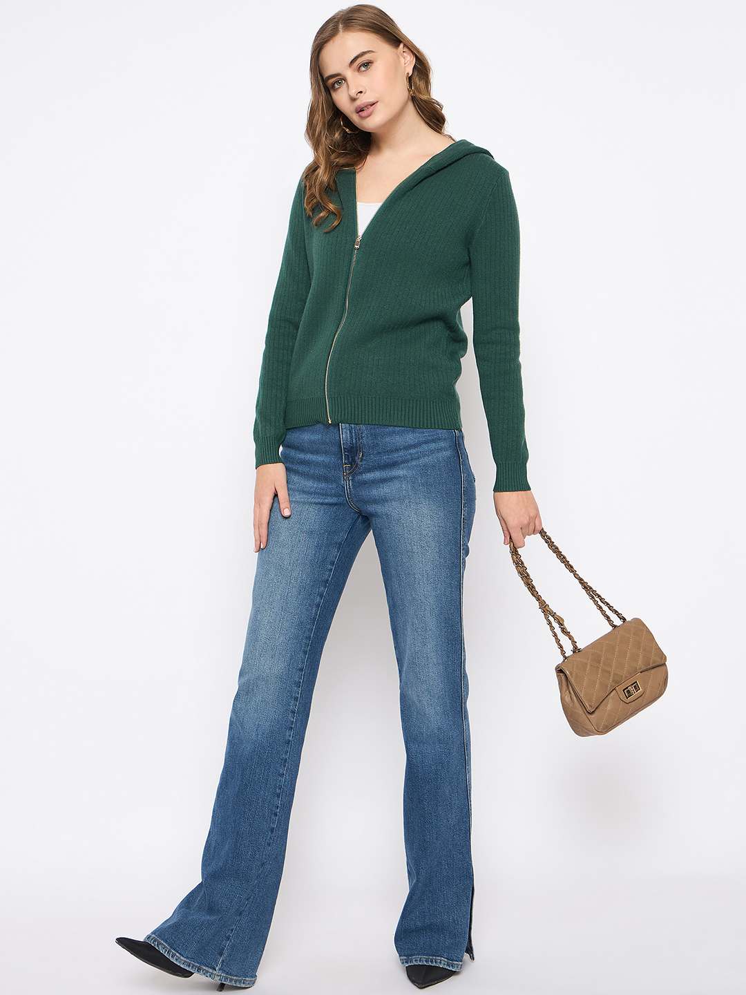 Madame Zip Solid Green Hooded Sweater - Image 2