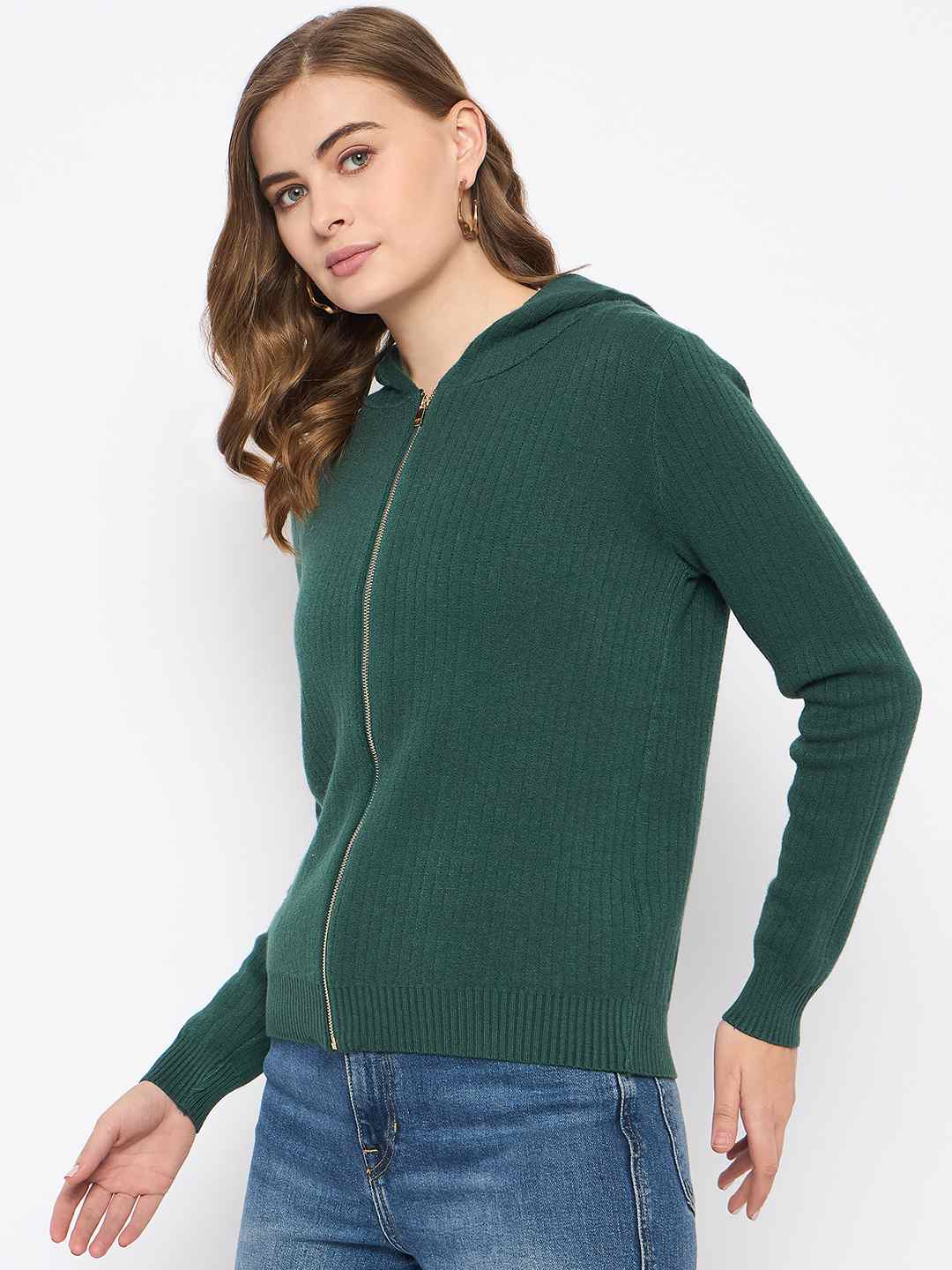 Madame Zip Solid Green Hooded Sweater - Image 5