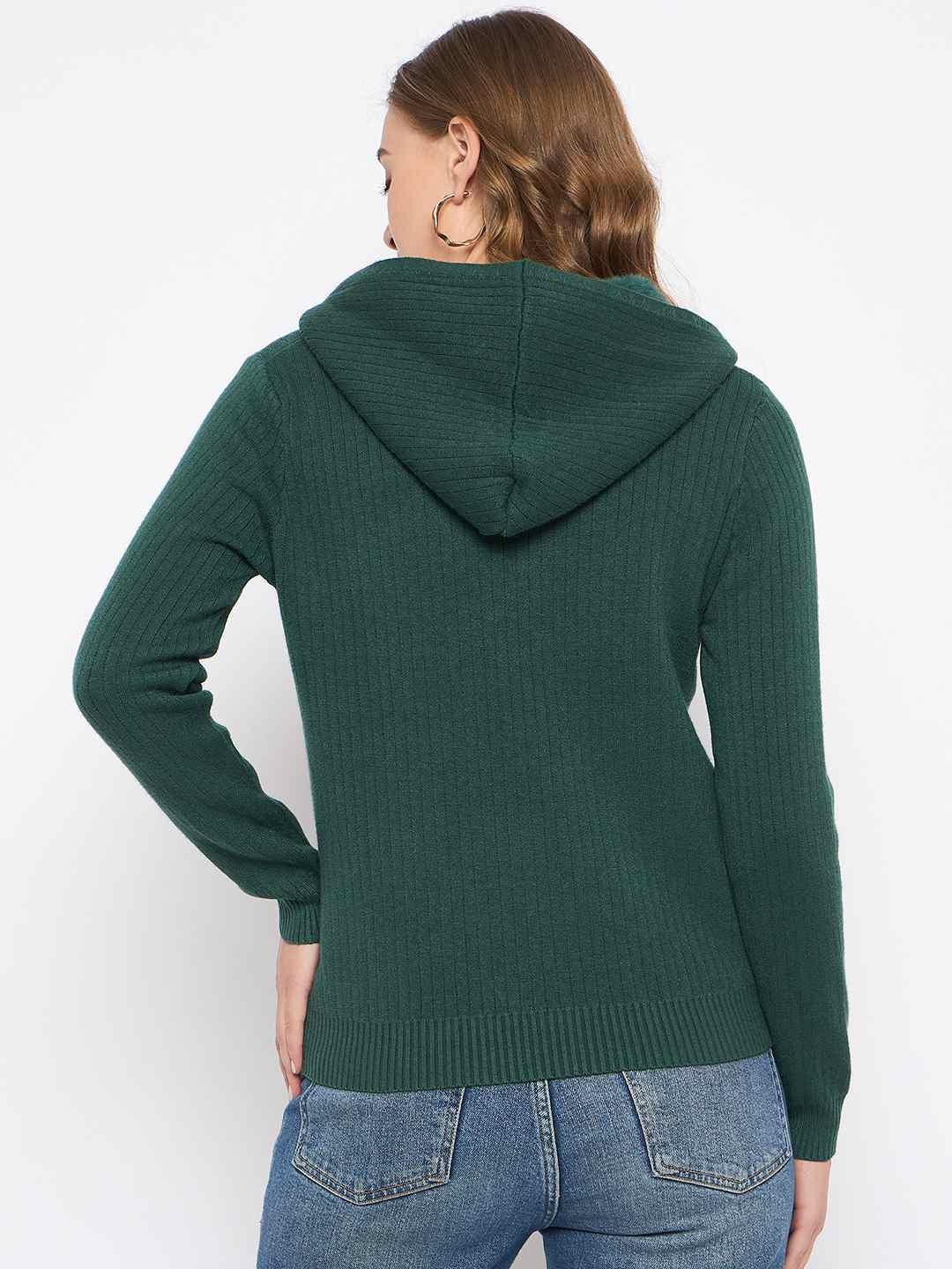 Madame Zip Solid Green Hooded Sweater - Image 6