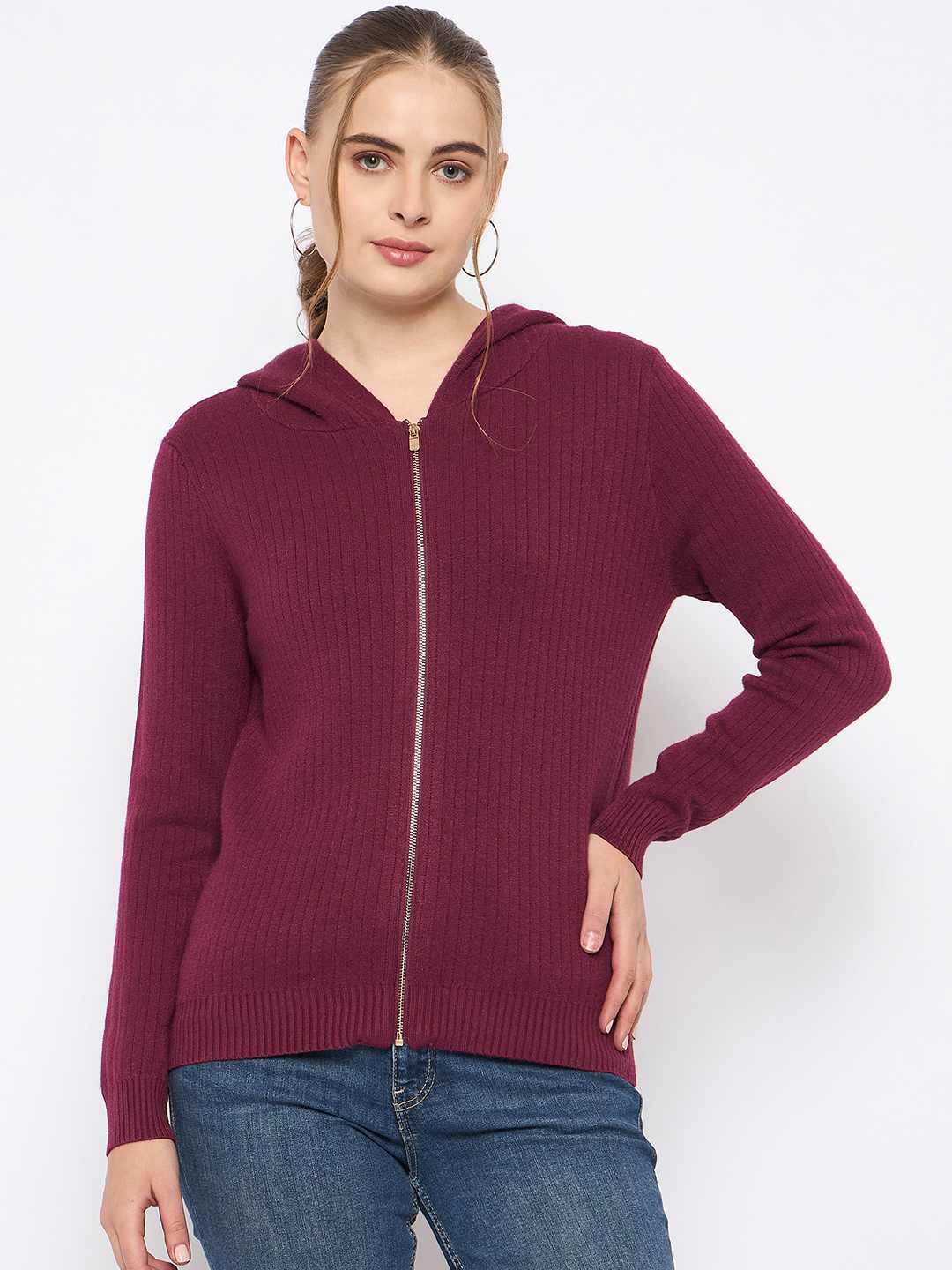 Madame Zip Solid Wine Red Hooded Sweater - Image 3