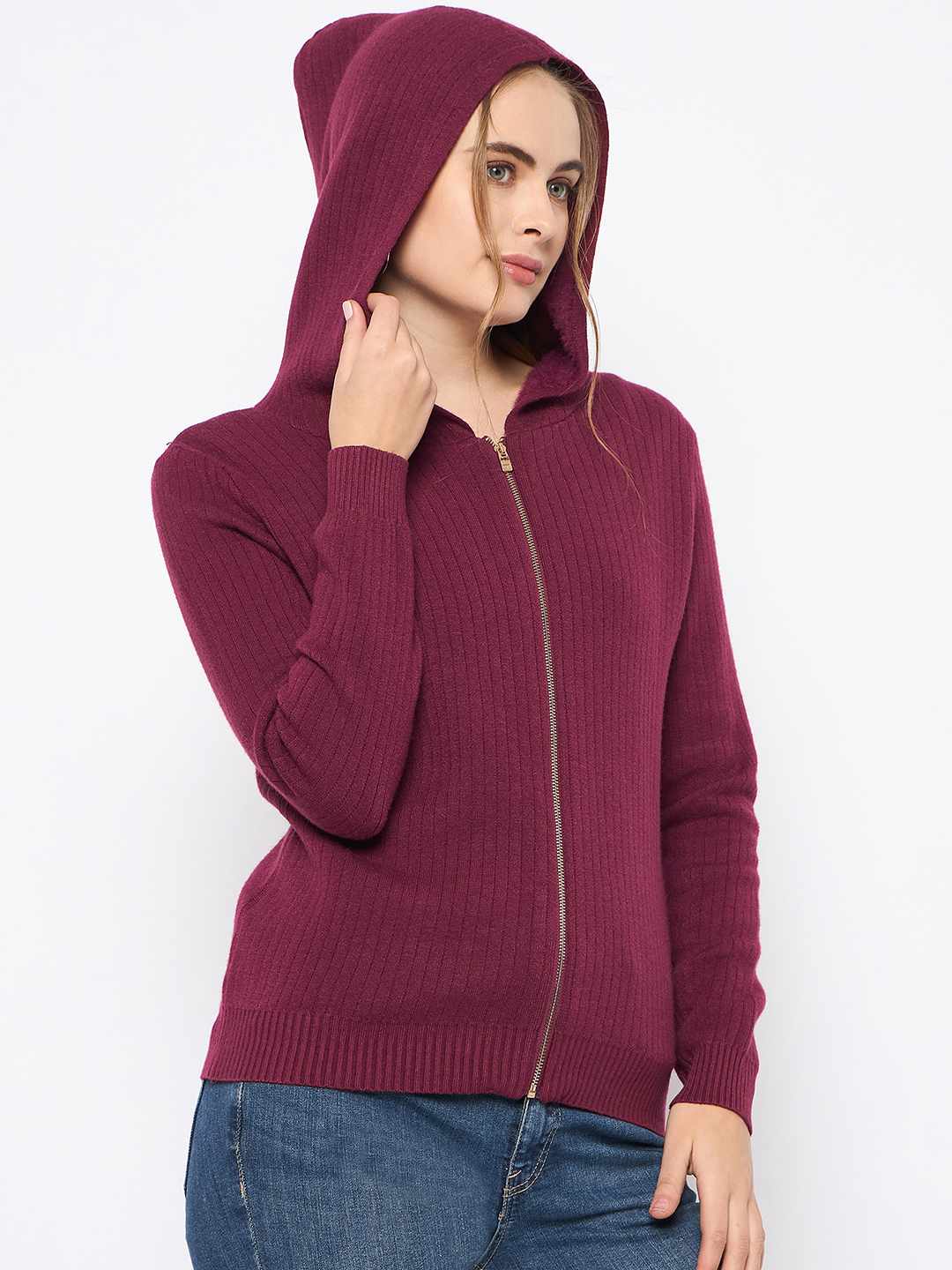 Madame Zip Solid Wine Red Hooded Sweater - Image 4