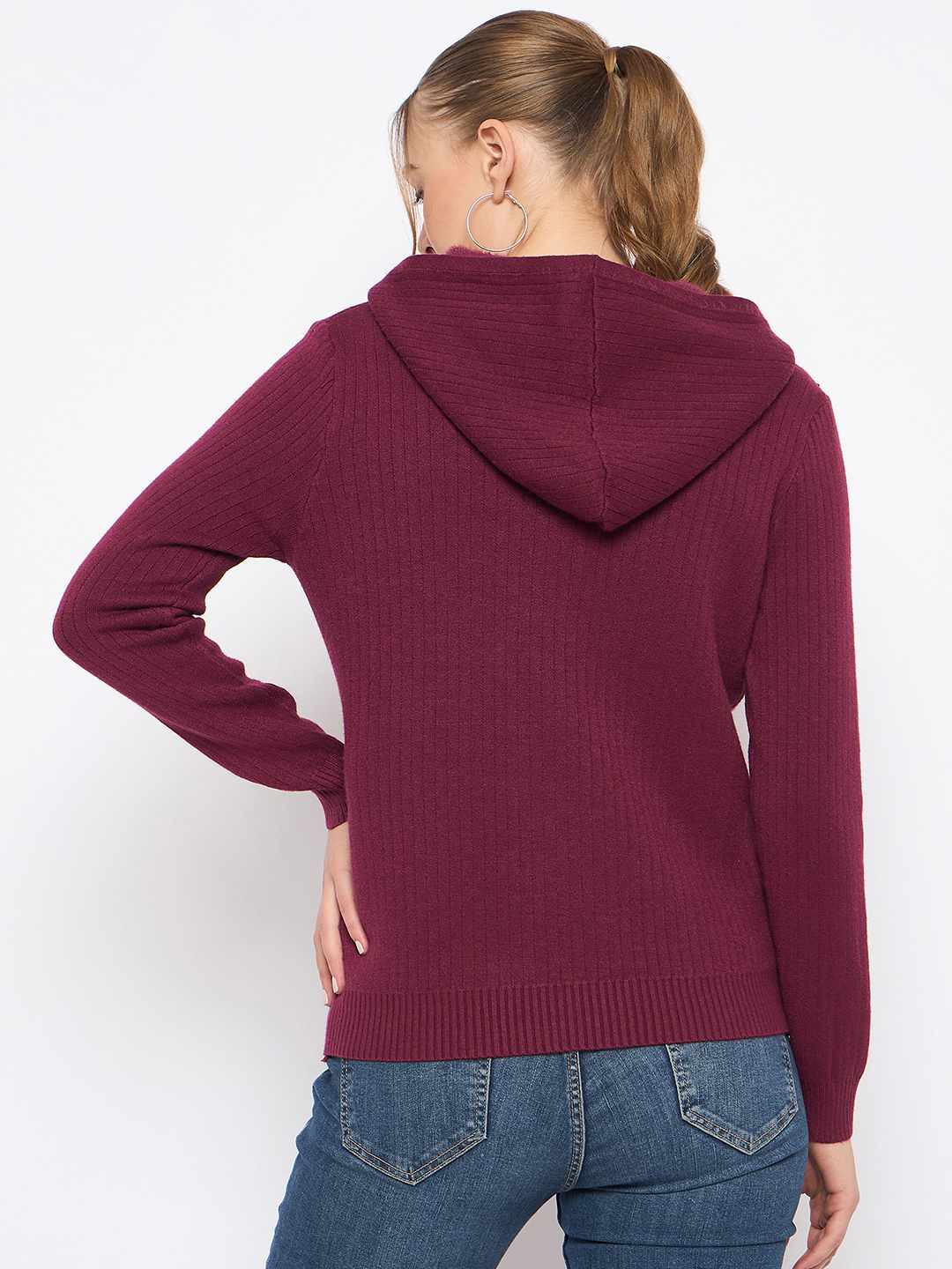 Madame Zip Solid Wine Red Hooded Sweater - Image 6