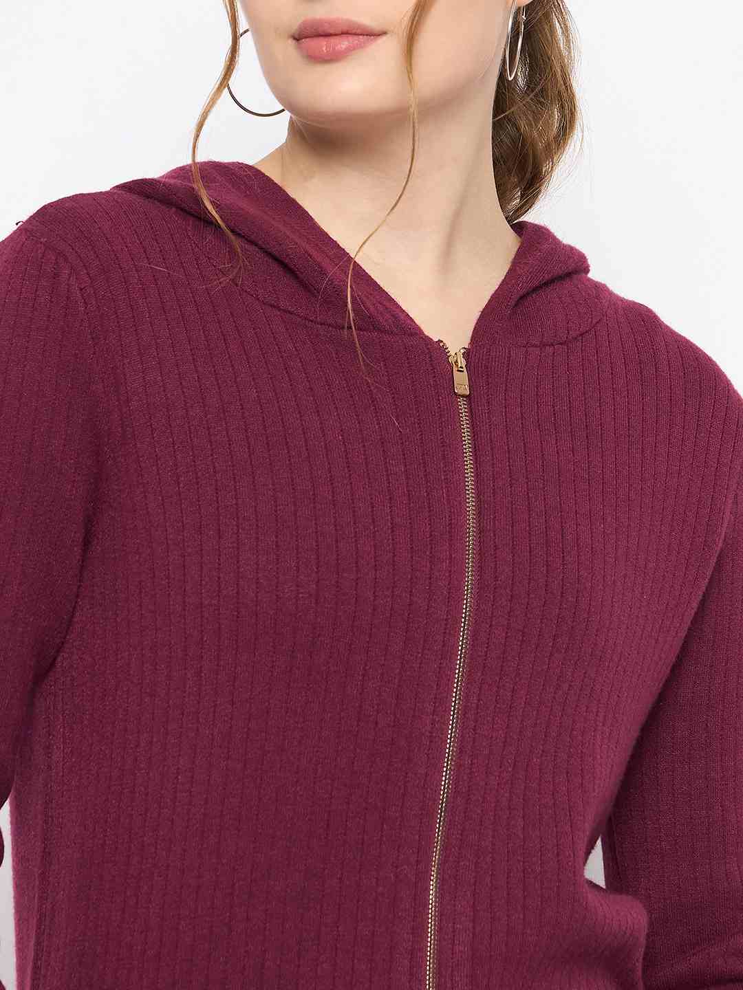 Madame Zip Solid Wine Red Hooded Sweater - Image 7