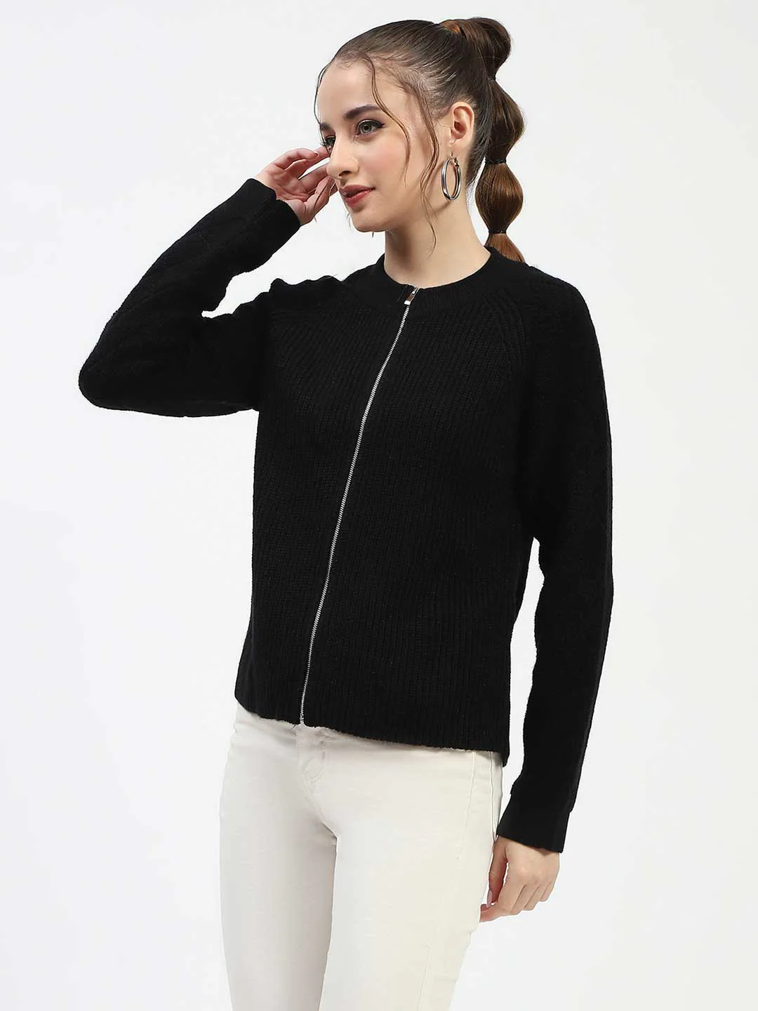 Madame Black Ribbed Zip-Up Sweater - Image 4