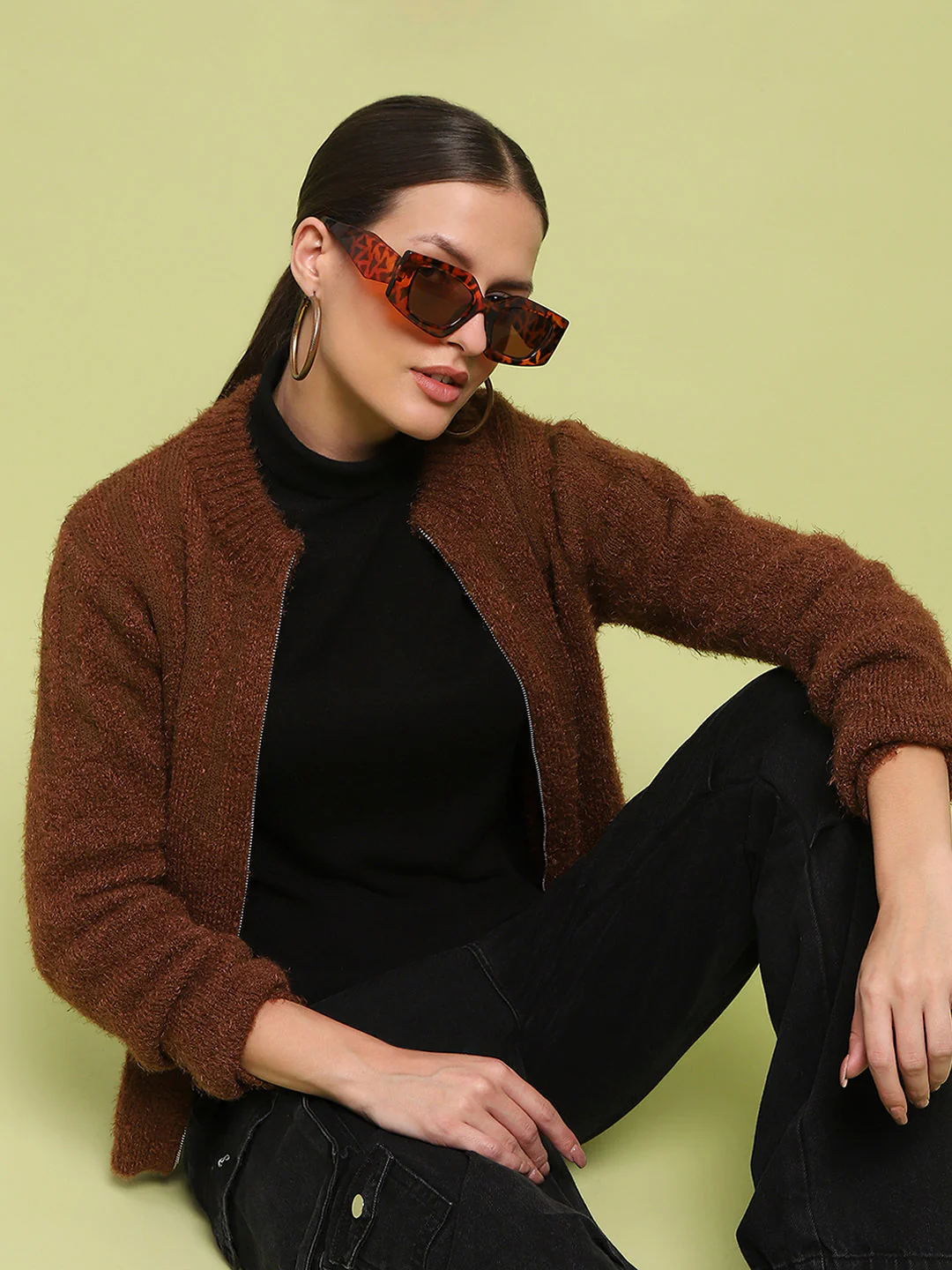 Madame Stripe Detailed Zipped Tan Sweater - Image 2