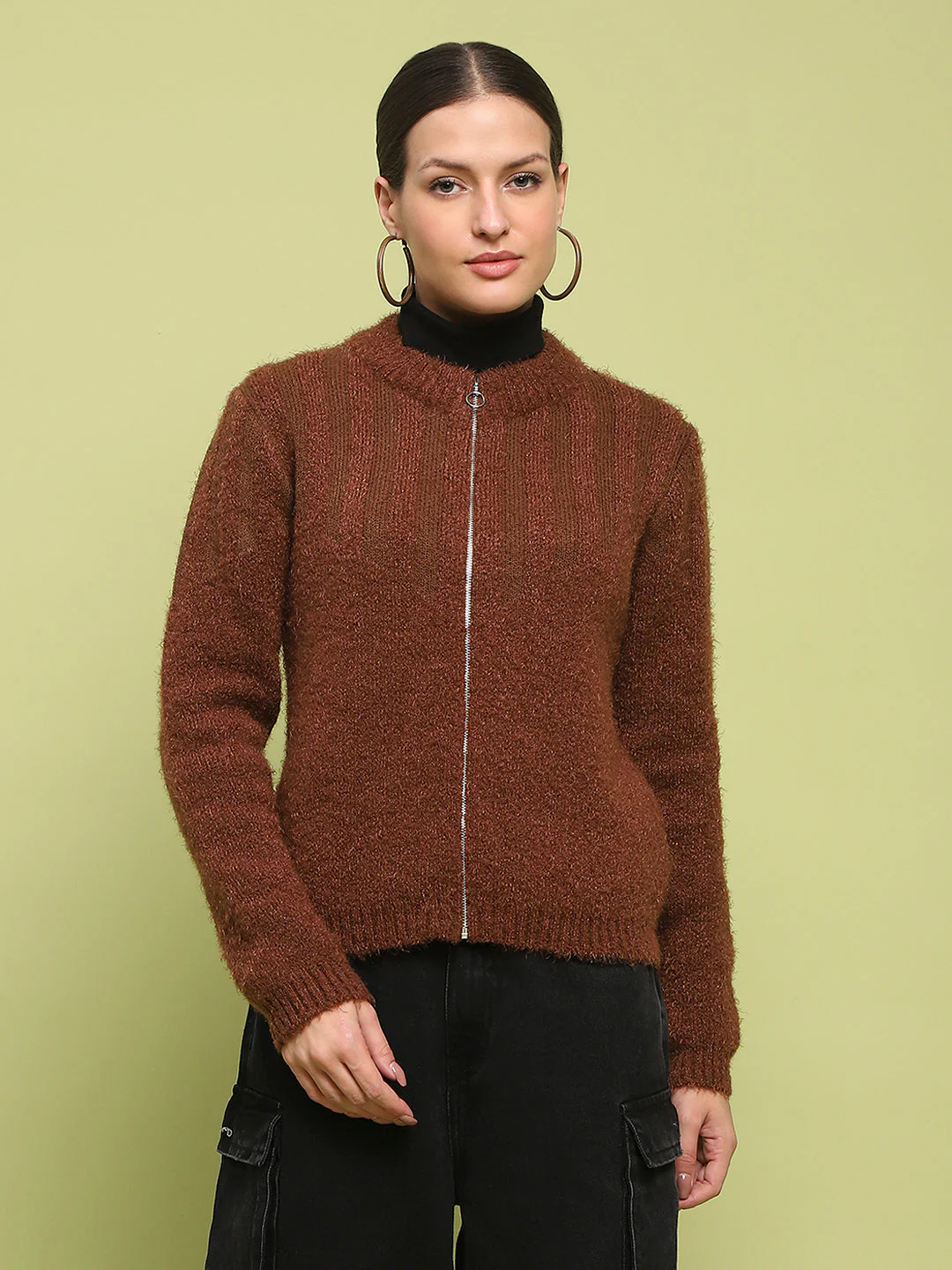 Madame Stripe Detailed Zipped Tan Sweater - Image 3