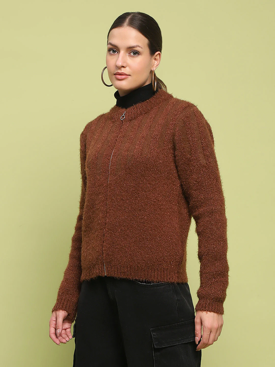 Madame Stripe Detailed Zipped Tan Sweater - Image 5