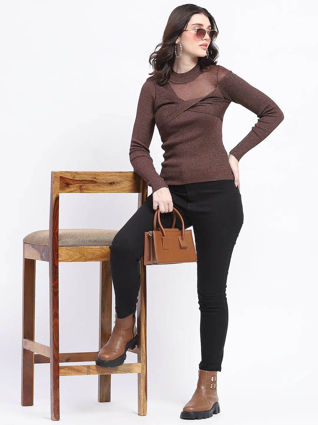 Madame Shimmery Mock Neck Wrap Brown Sweater - Image 2