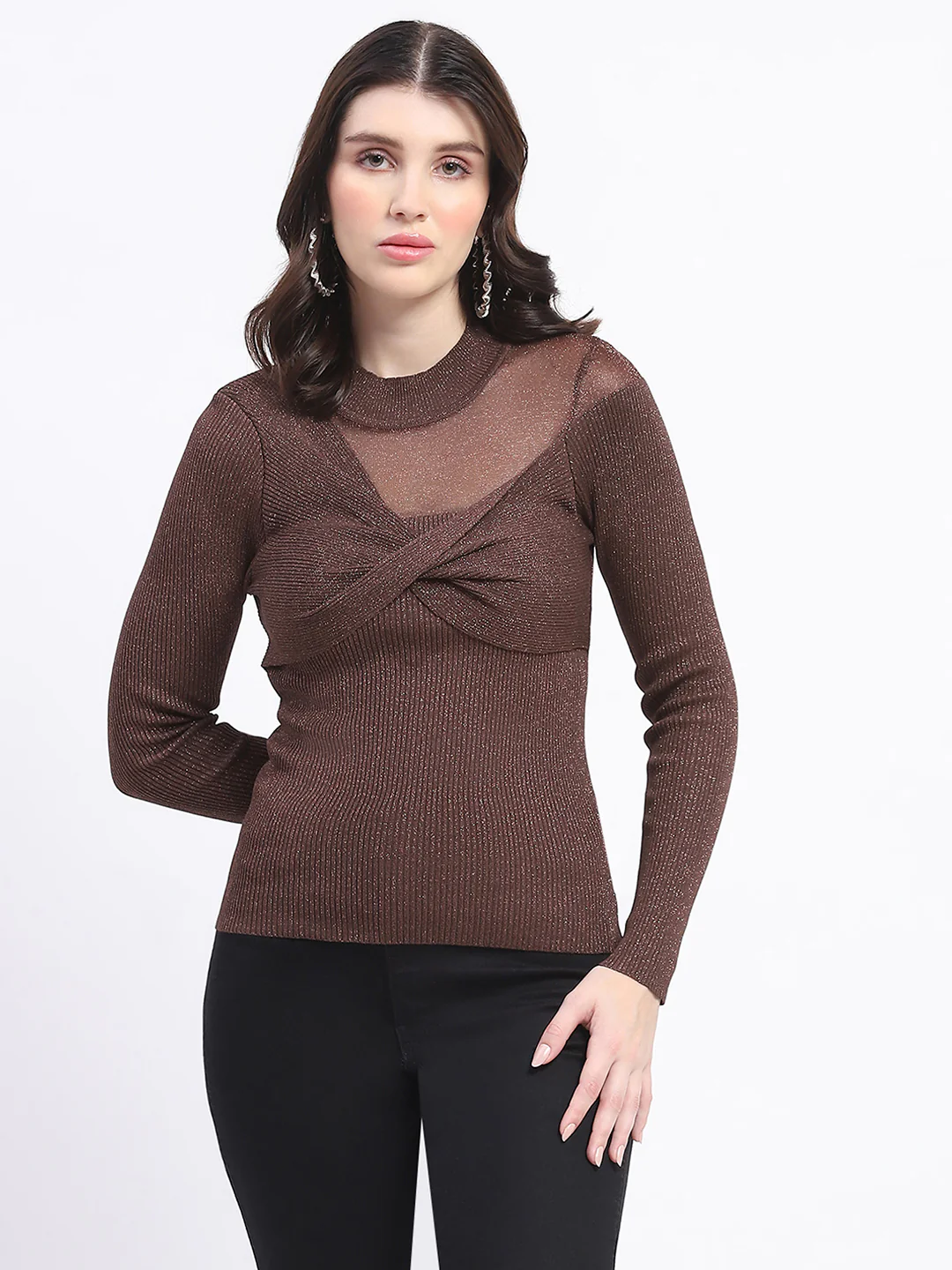 Madame Shimmery Mock Neck Wrap Brown Sweater - Image 3