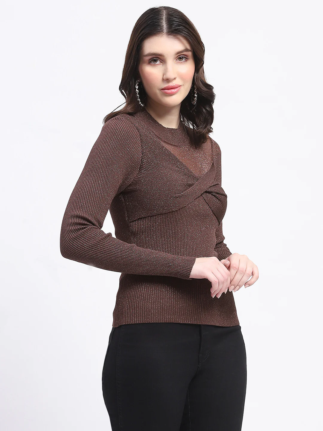 Madame Shimmery Mock Neck Wrap Brown Sweater - Image 4