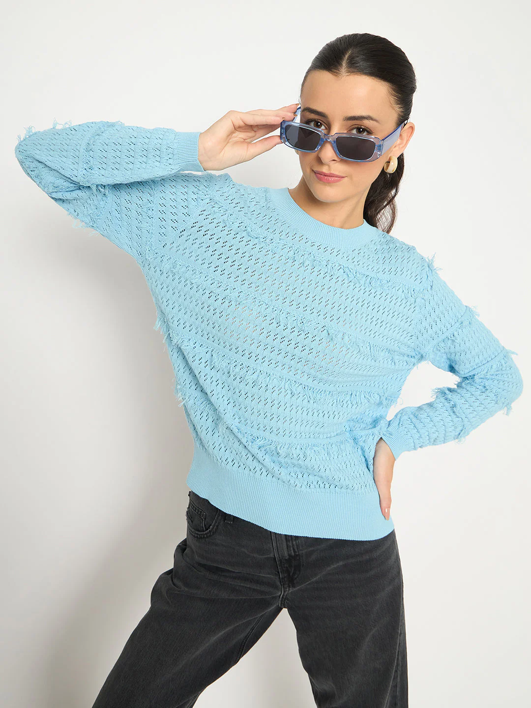 Madame Fringe Textured Brown Cotton Sweater - Image 2