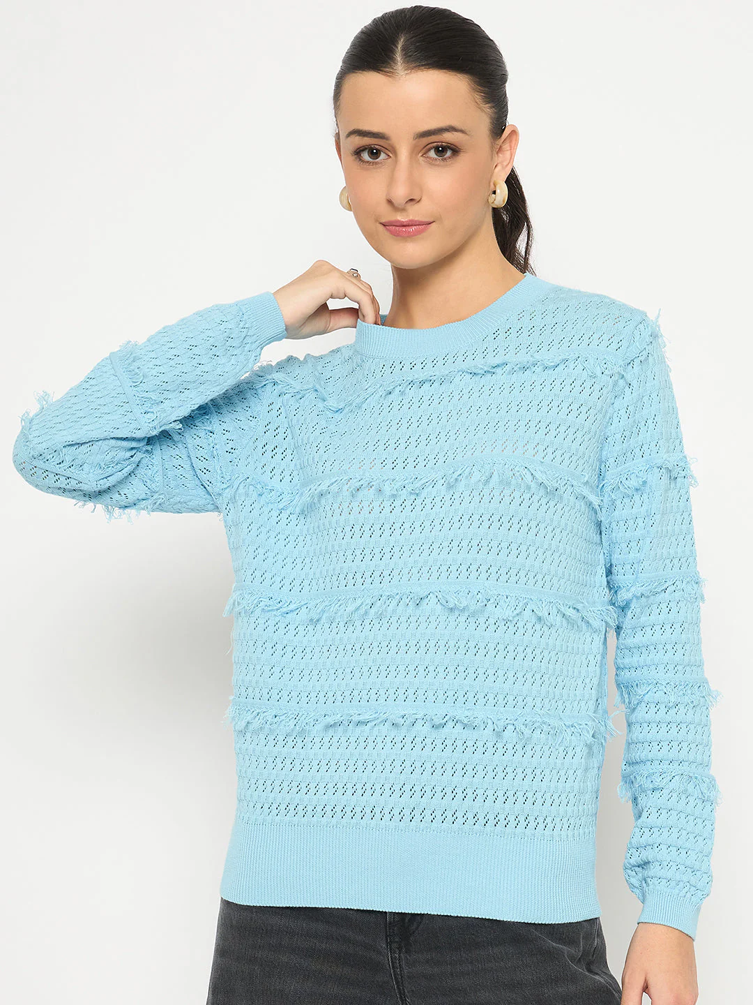 Madame Fringe Textured Brown Cotton Sweater - Image 3