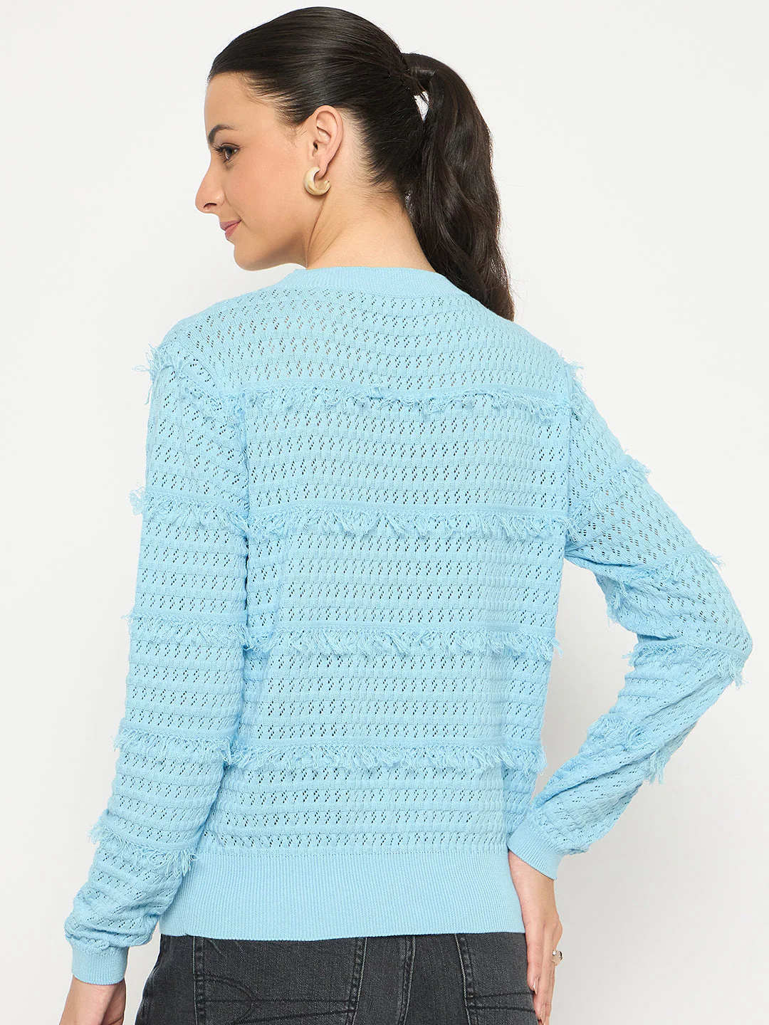 Madame Fringe Textured Brown Cotton Sweater - Image 6