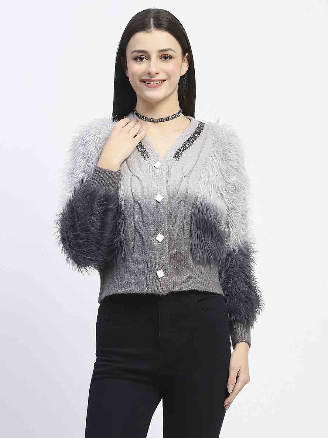 Madame Embellished Ombre V Neck Grey Sweater - Image 3
