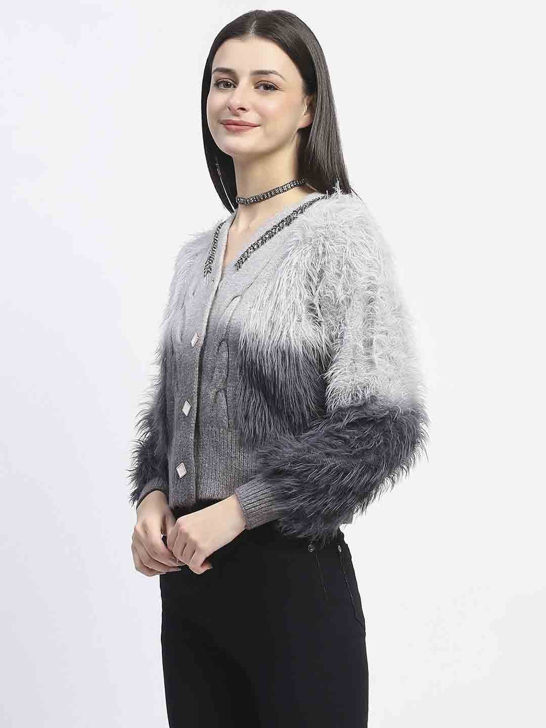 Madame Embellished Ombre V Neck Grey Sweater - Image 5