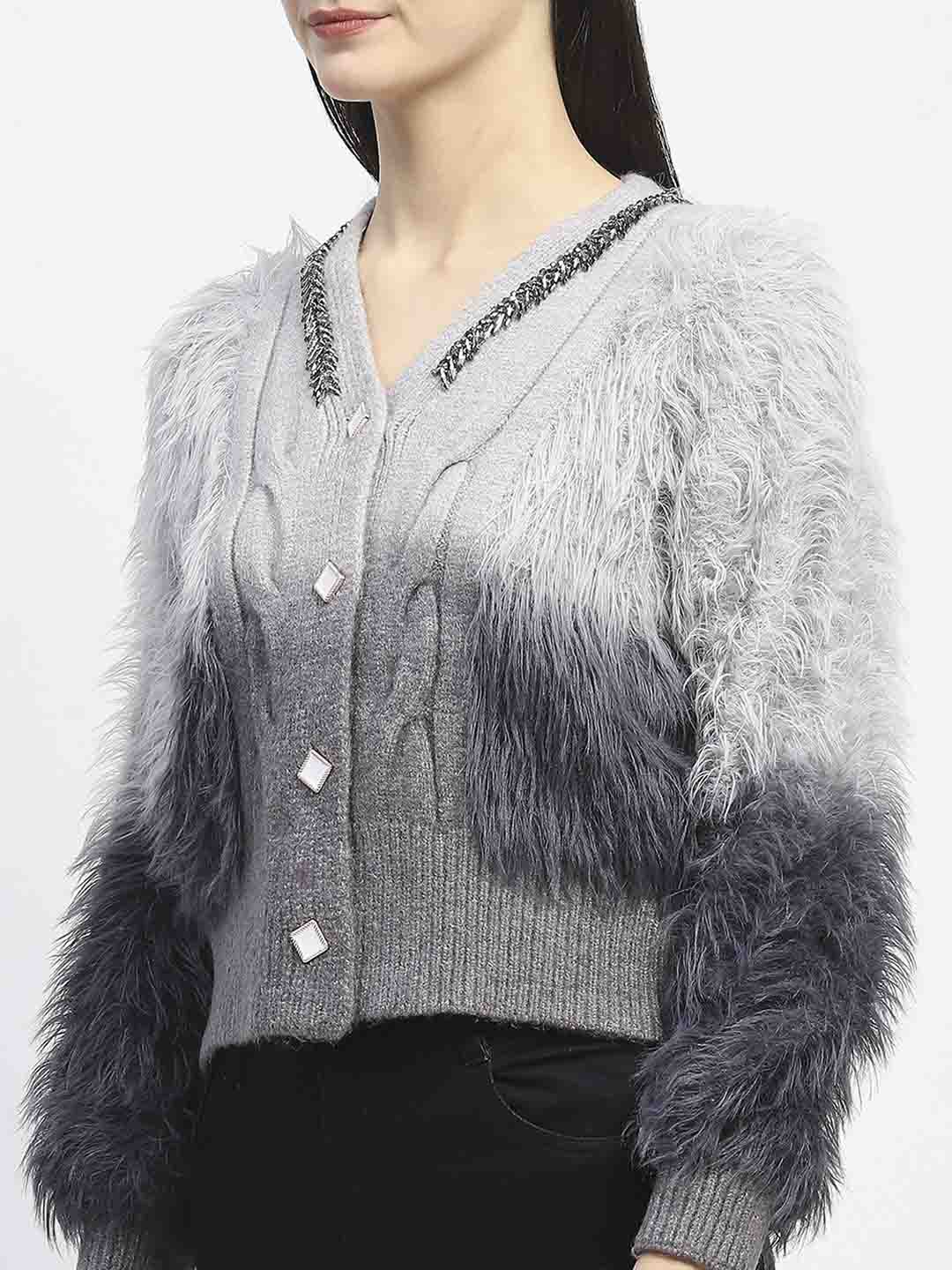 Madame Embellished Ombre V Neck Grey Sweater - Image 7