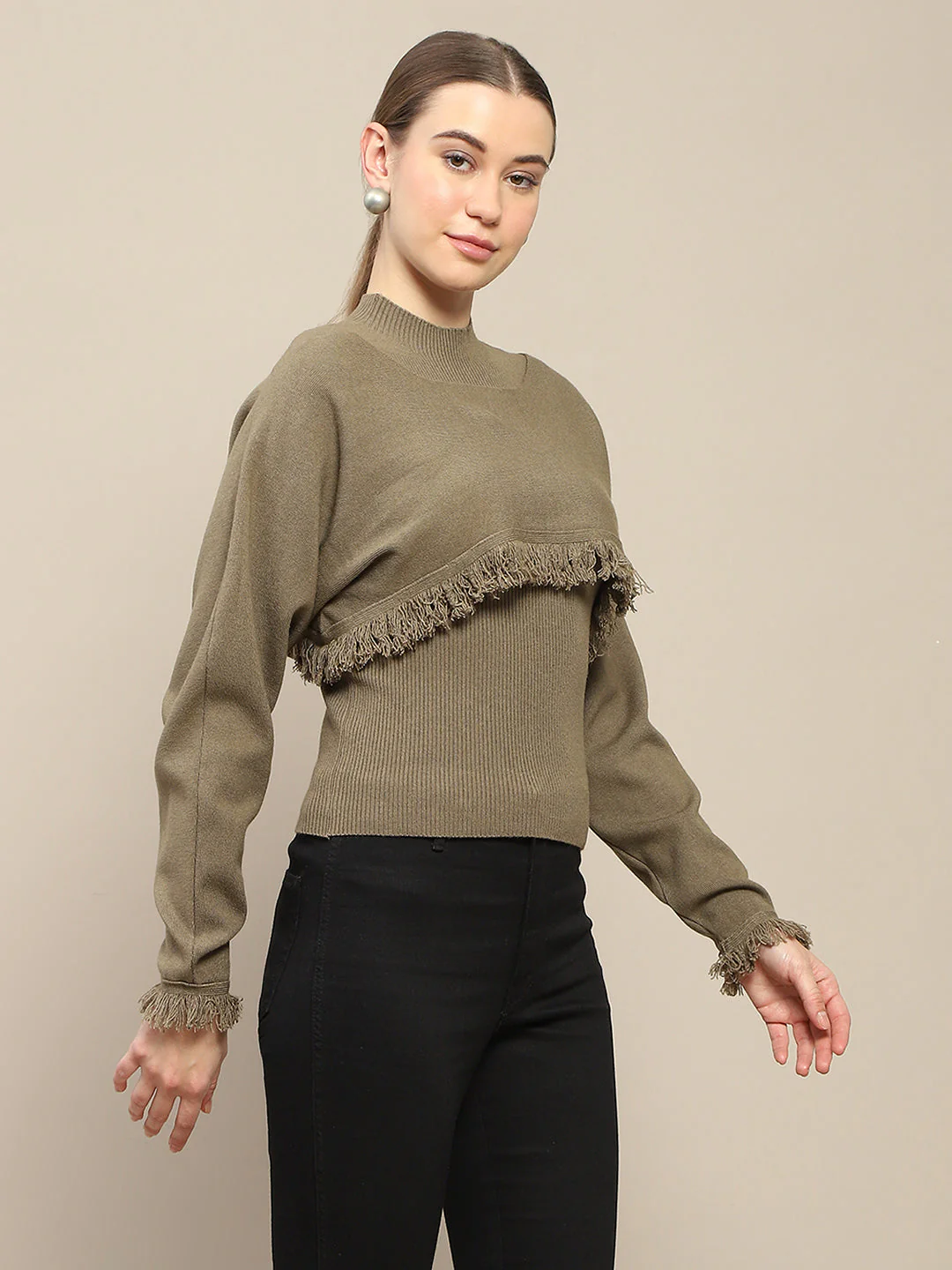 Madame Front Ripped Full Sleeve Olive Sweater - Image 3