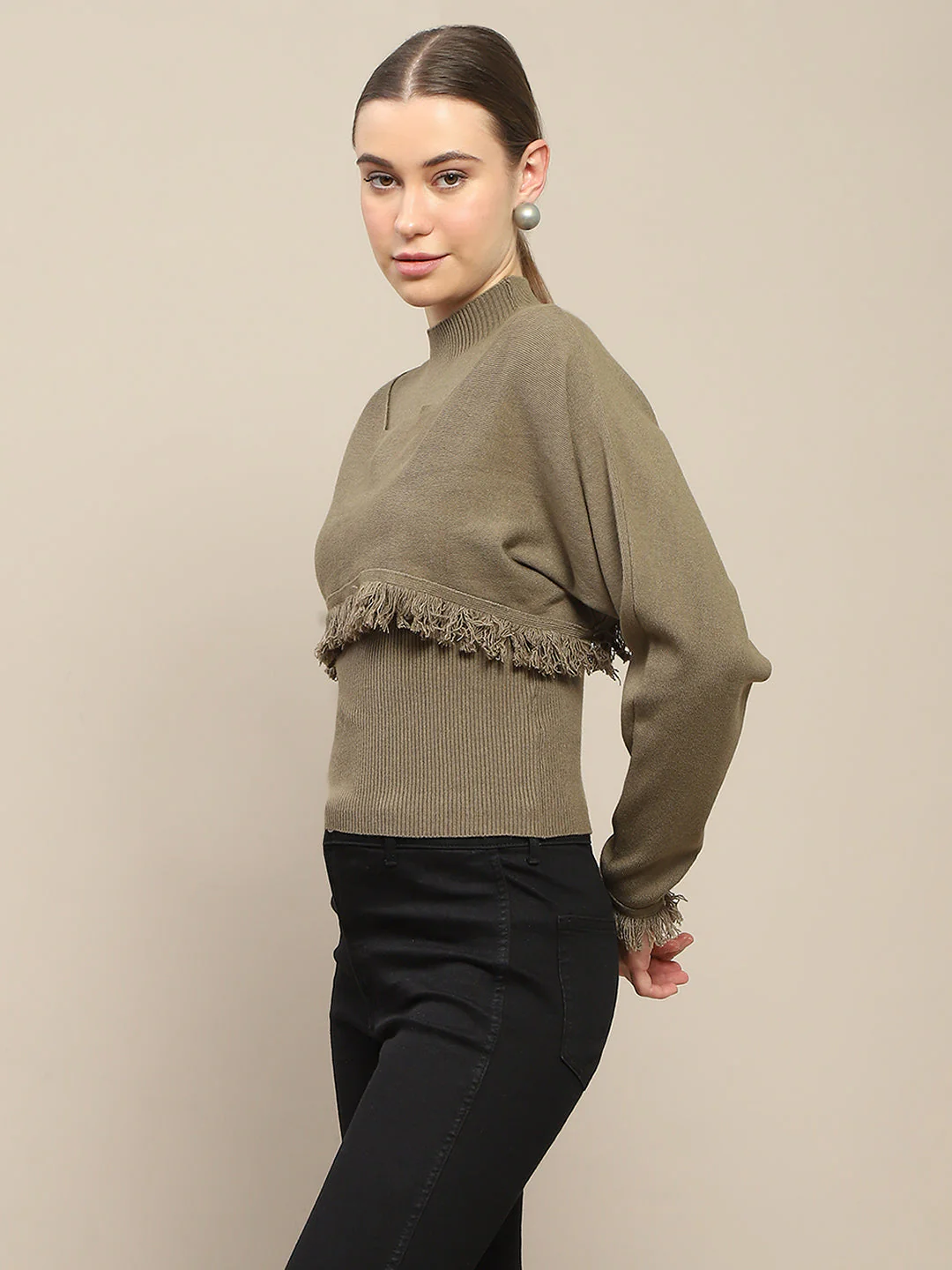 Madame Front Ripped Full Sleeve Olive Sweater - Image 5