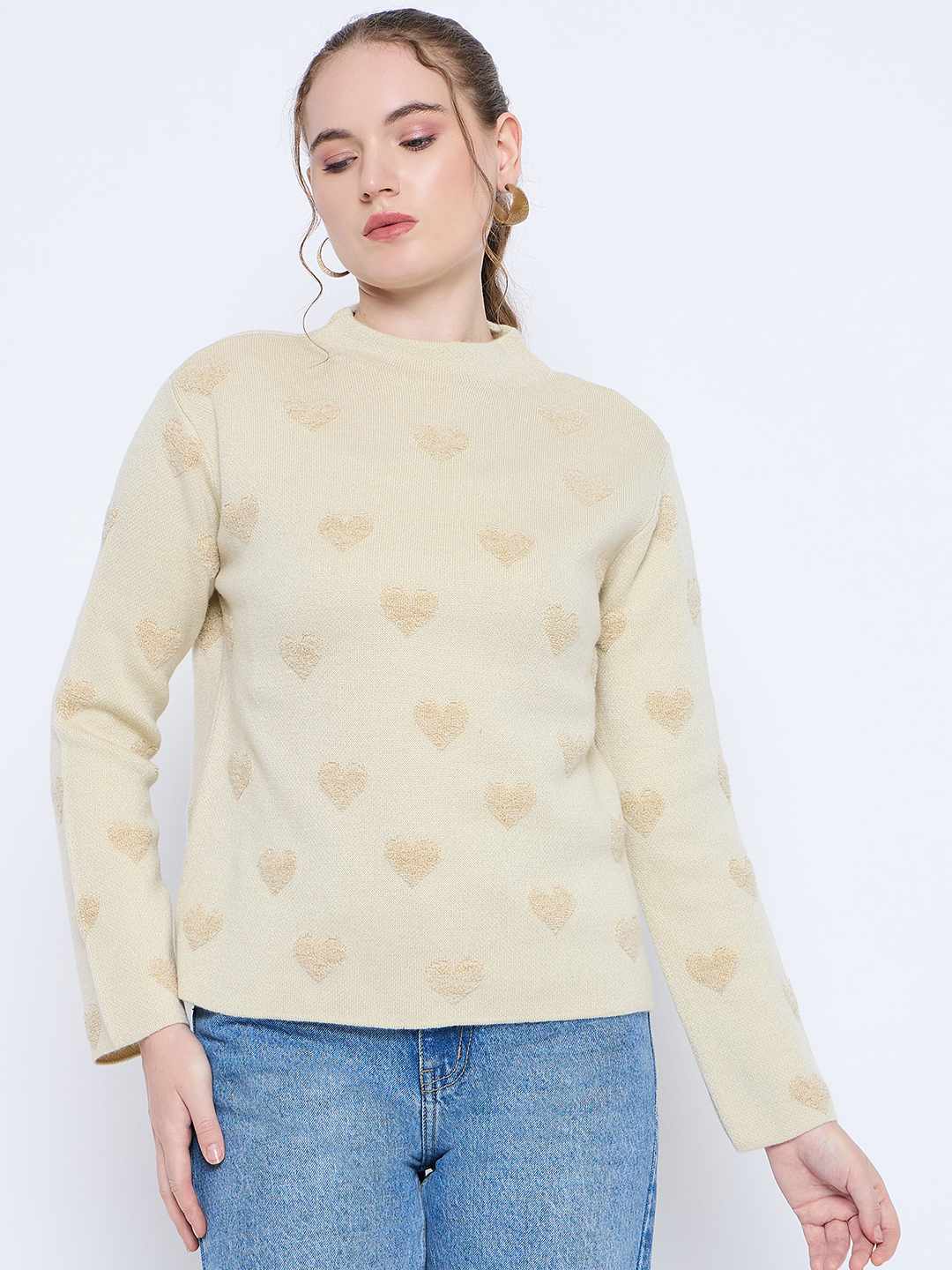 Madame Graphic Print Mock Neck Beige Sweater - Image 3